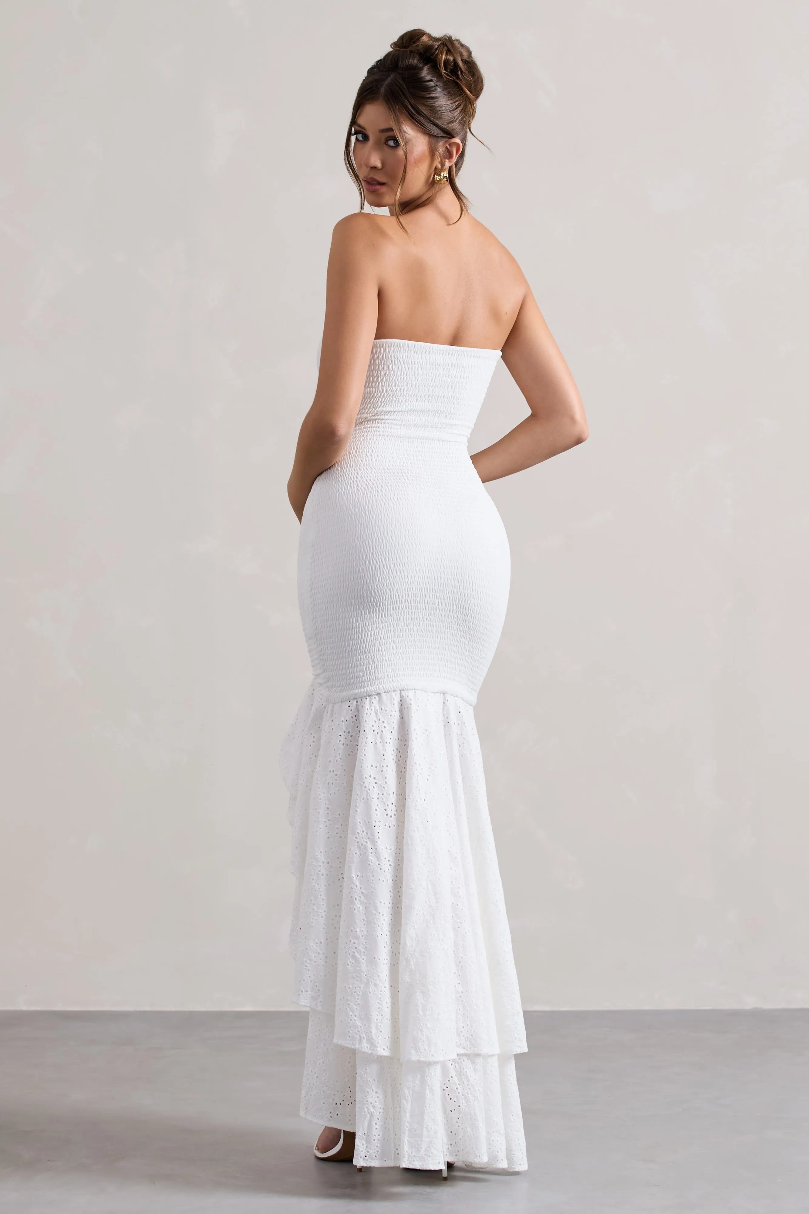 Solange | White Broderie Bandeau High-Low Maxi Dress Club L London