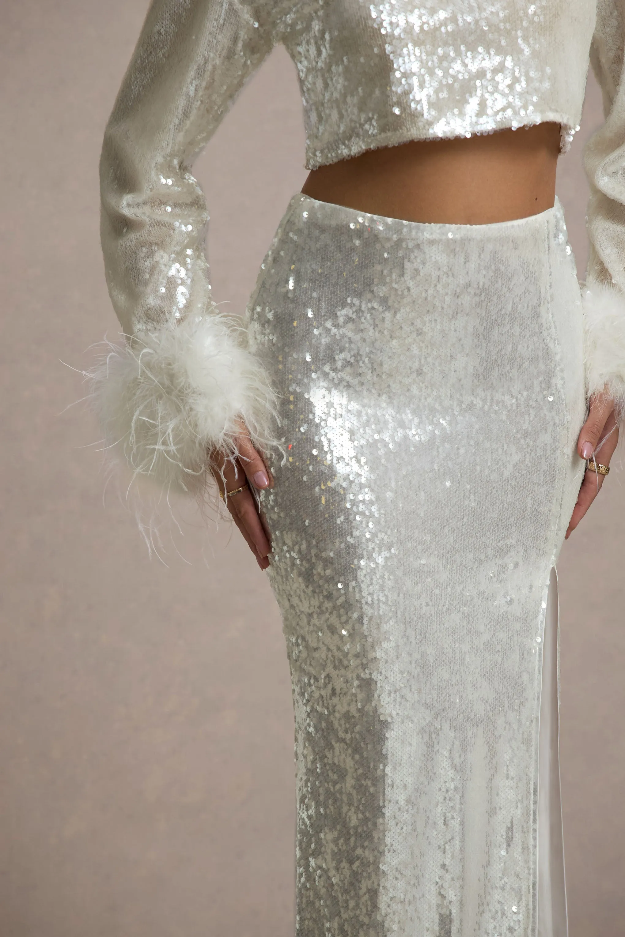Solita | Sand Sequin Long-Sleeve Crop Top With Feather Trim Club L London
