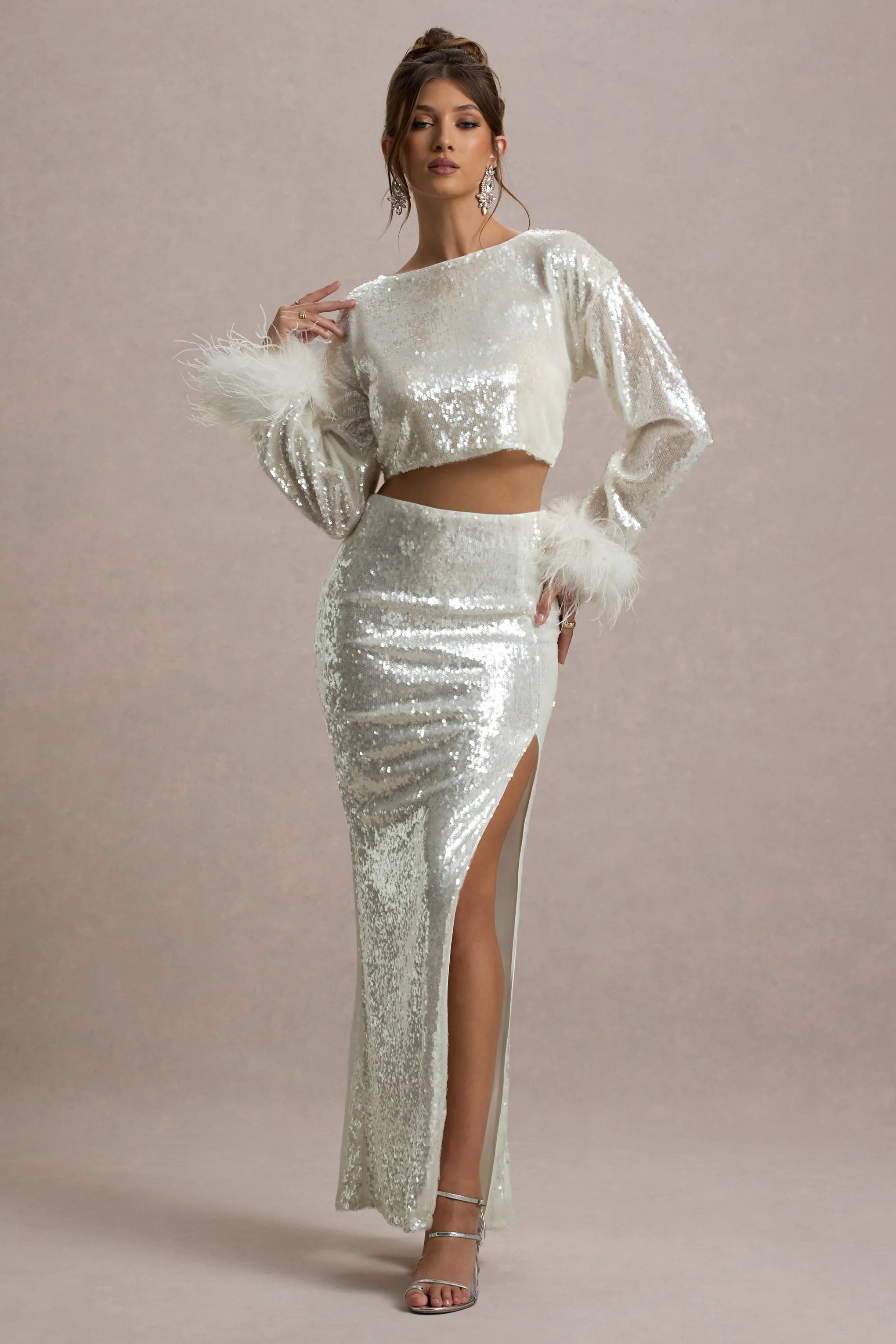 Solita | Sand Sequin Long-Sleeve Crop Top With Feather Trim Club L London