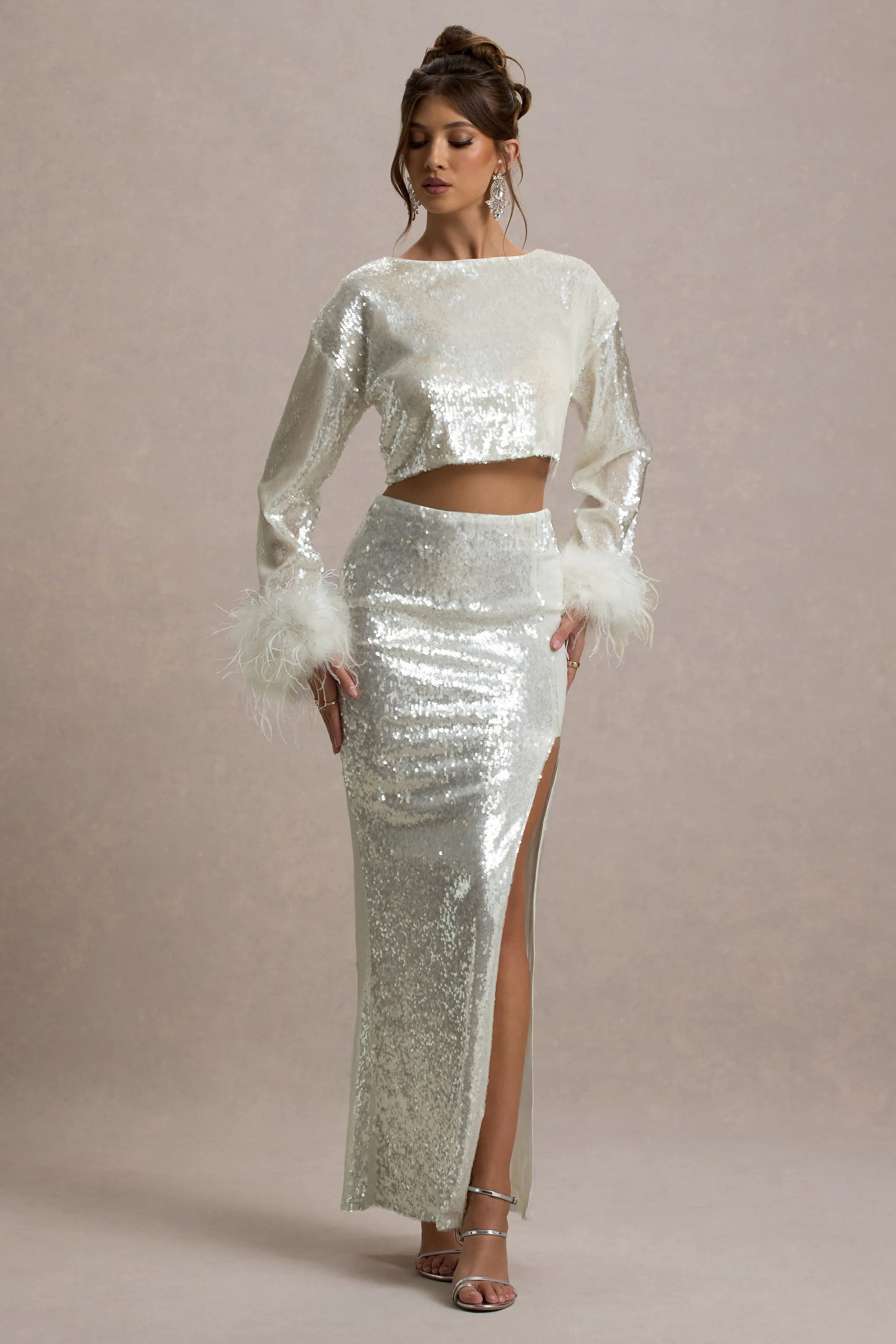 Solita | Sand Sequin Long-Sleeve Crop Top With Feather Trim Club L London