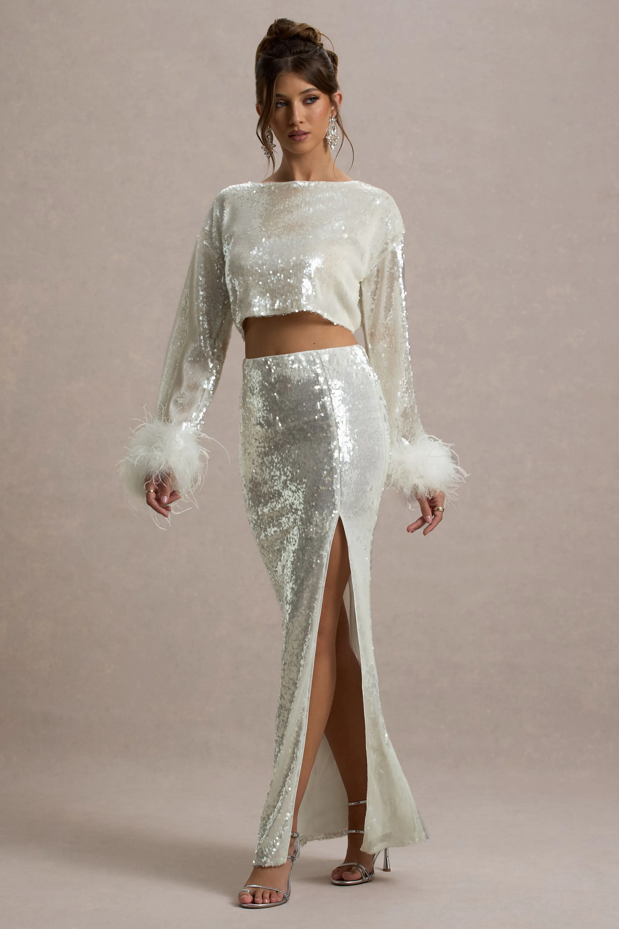 Solita | Sand Sequin Long-Sleeve Crop Top With Feather Trim Club L London