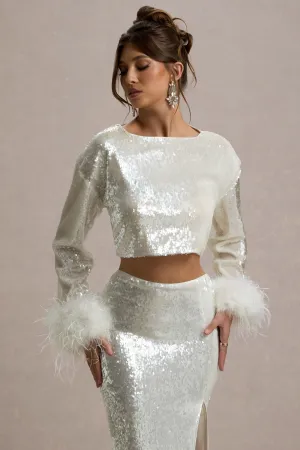 Solita | Sand Sequin Long-Sleeve Crop Top With Feather Trim Club L London