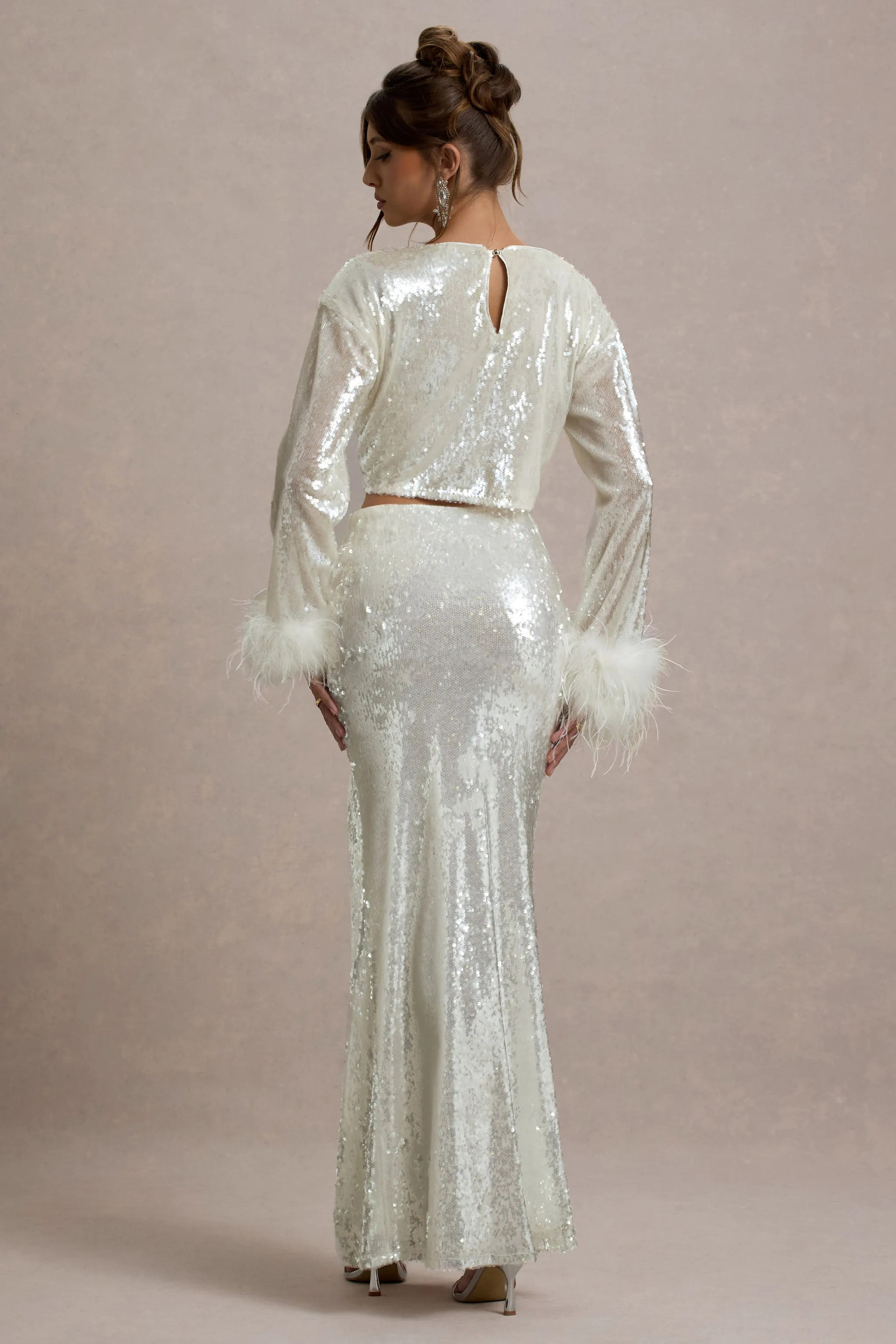Solita | Sand Sequin Long-Sleeve Crop Top With Feather Trim Club L London