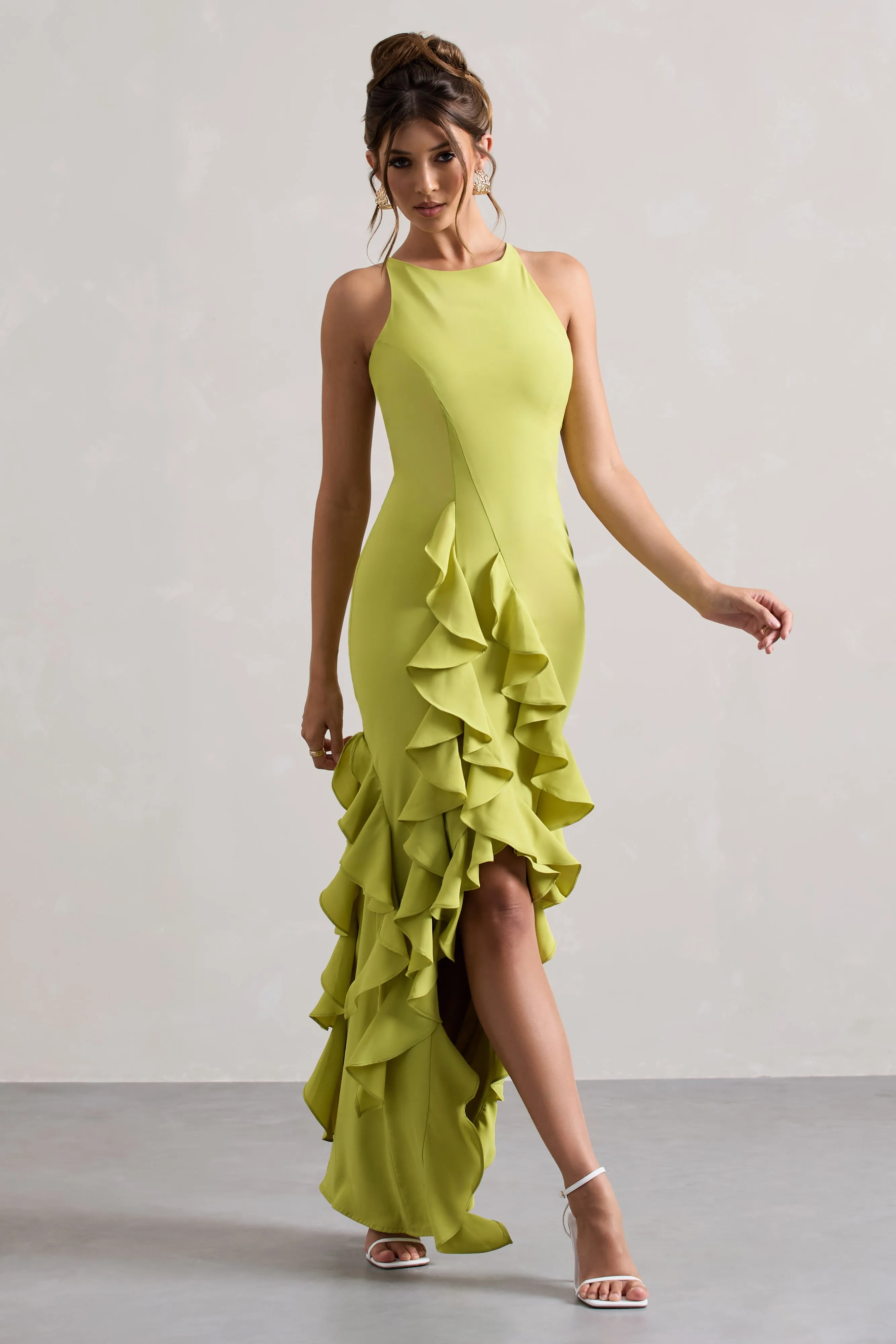 Sommer | Lime Green Racer-Neck Ruffle Maxi Dress Club L London