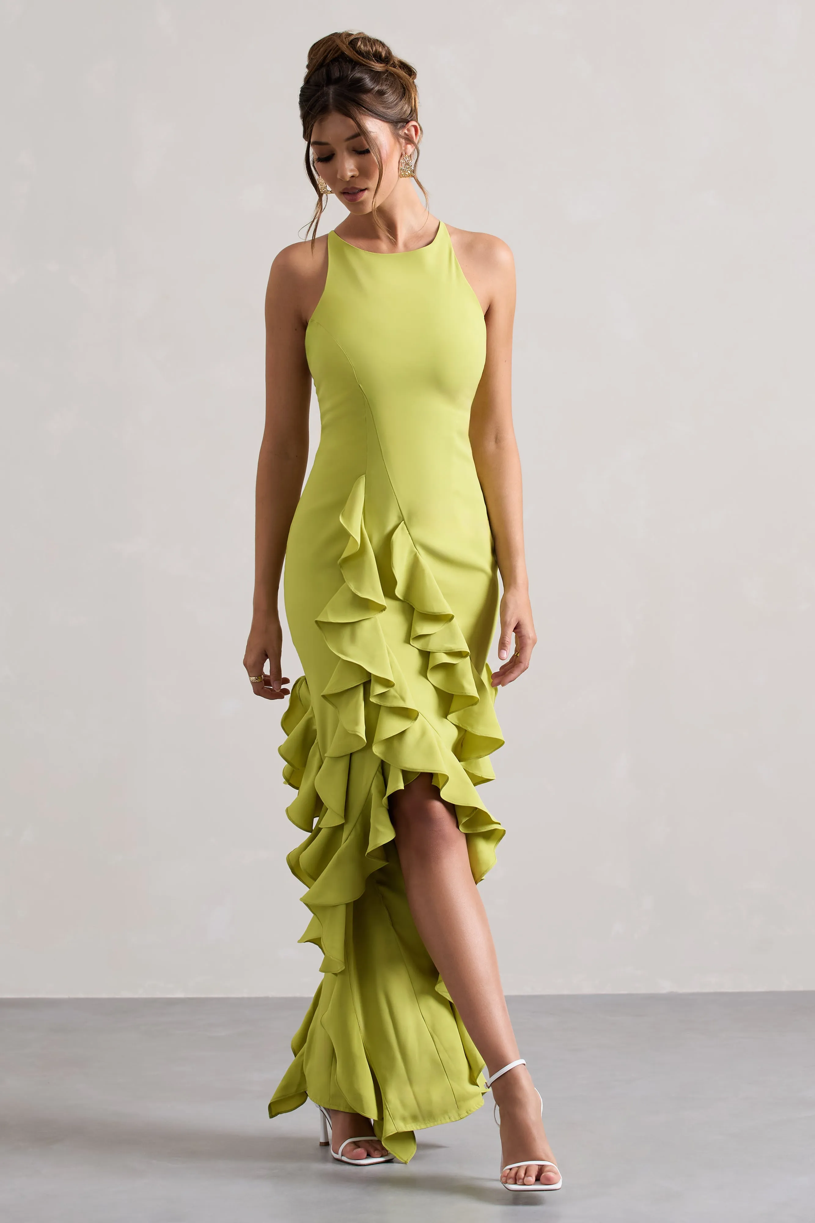 Sommer | Lime Green Racer-Neck Ruffle Maxi Dress Club L London