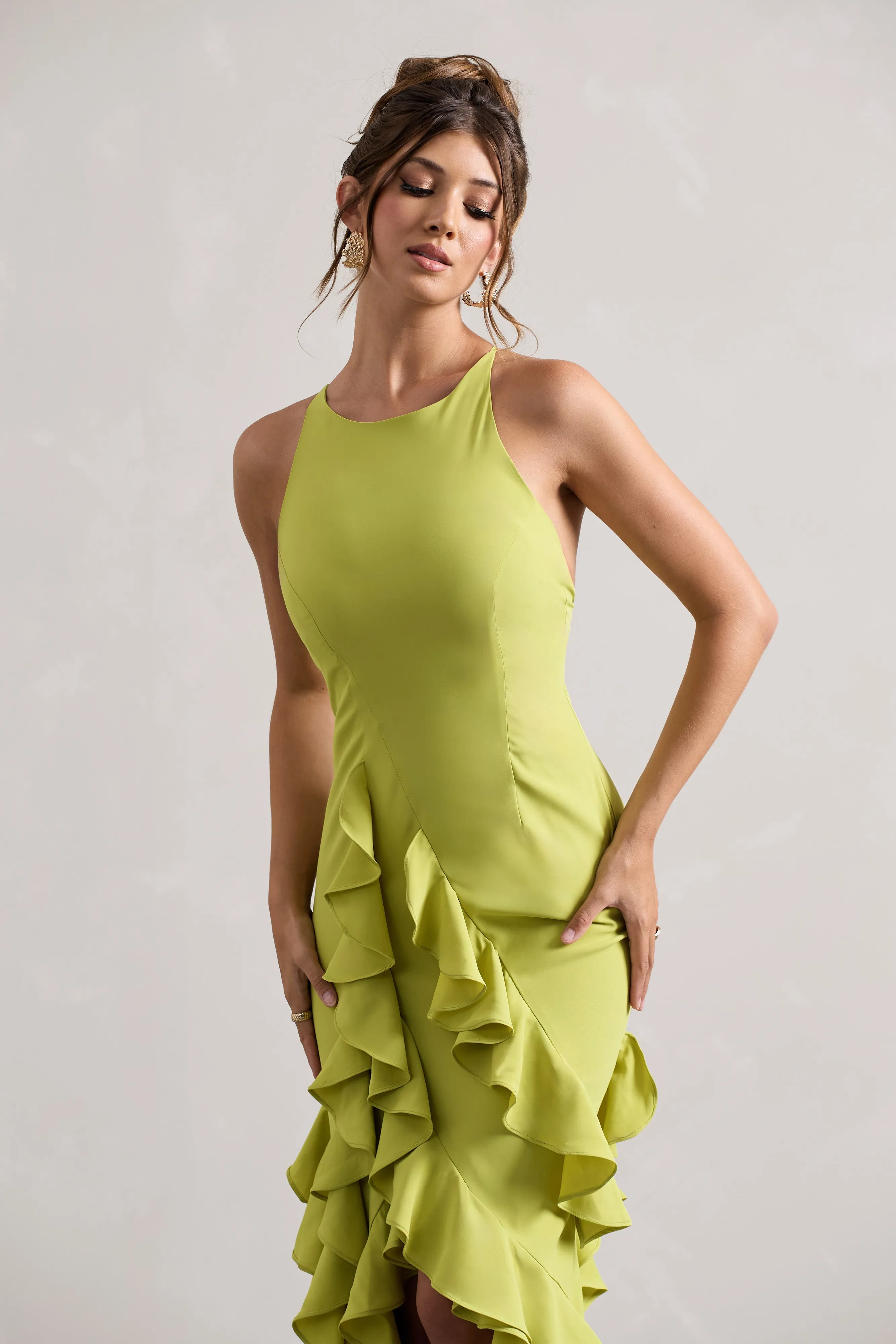 Sommer | Lime Green Racer-Neck Ruffle Maxi Dress Club L London