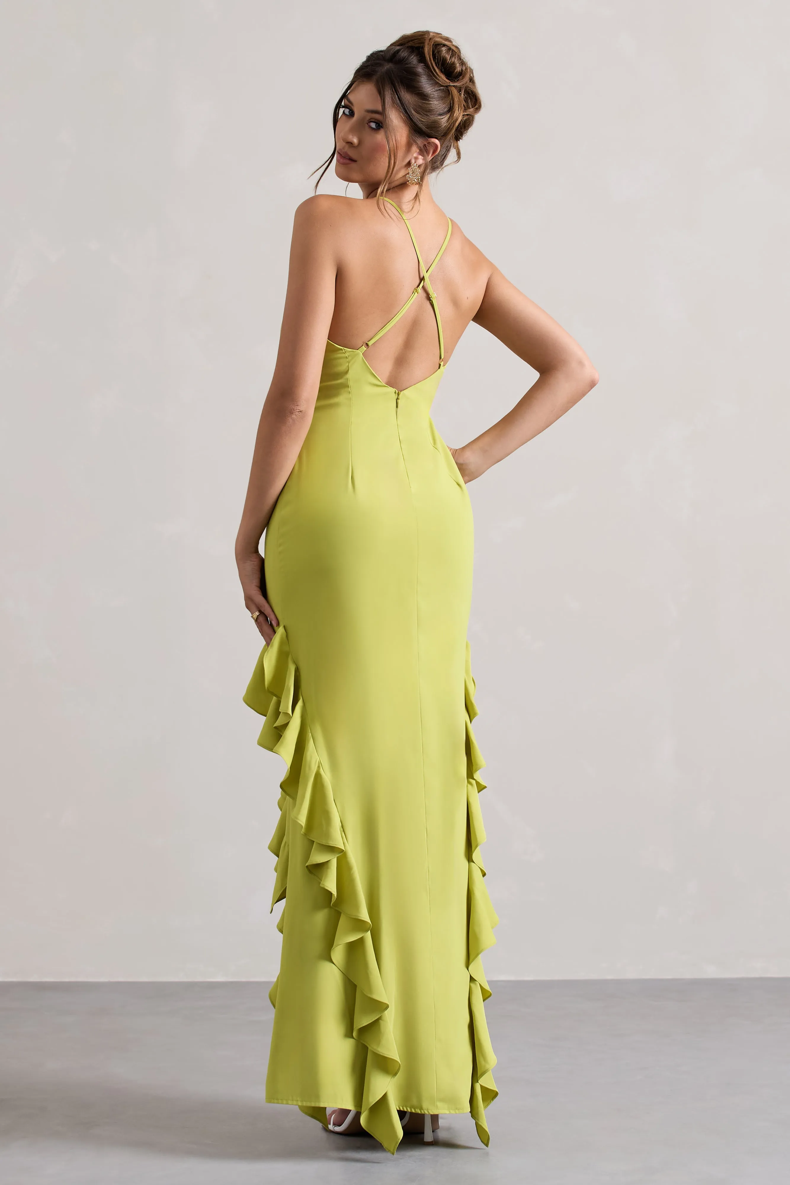 Sommer | Lime Green Racer-Neck Ruffle Maxi Dress Club L London