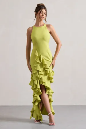 Sommer | Lime Green Racer-Neck Ruffle Maxi Dress Club L London