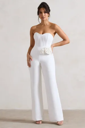Sonia | White Sweetheart Corset Straight-Leg Jumpsuit With Flowers Club L London
