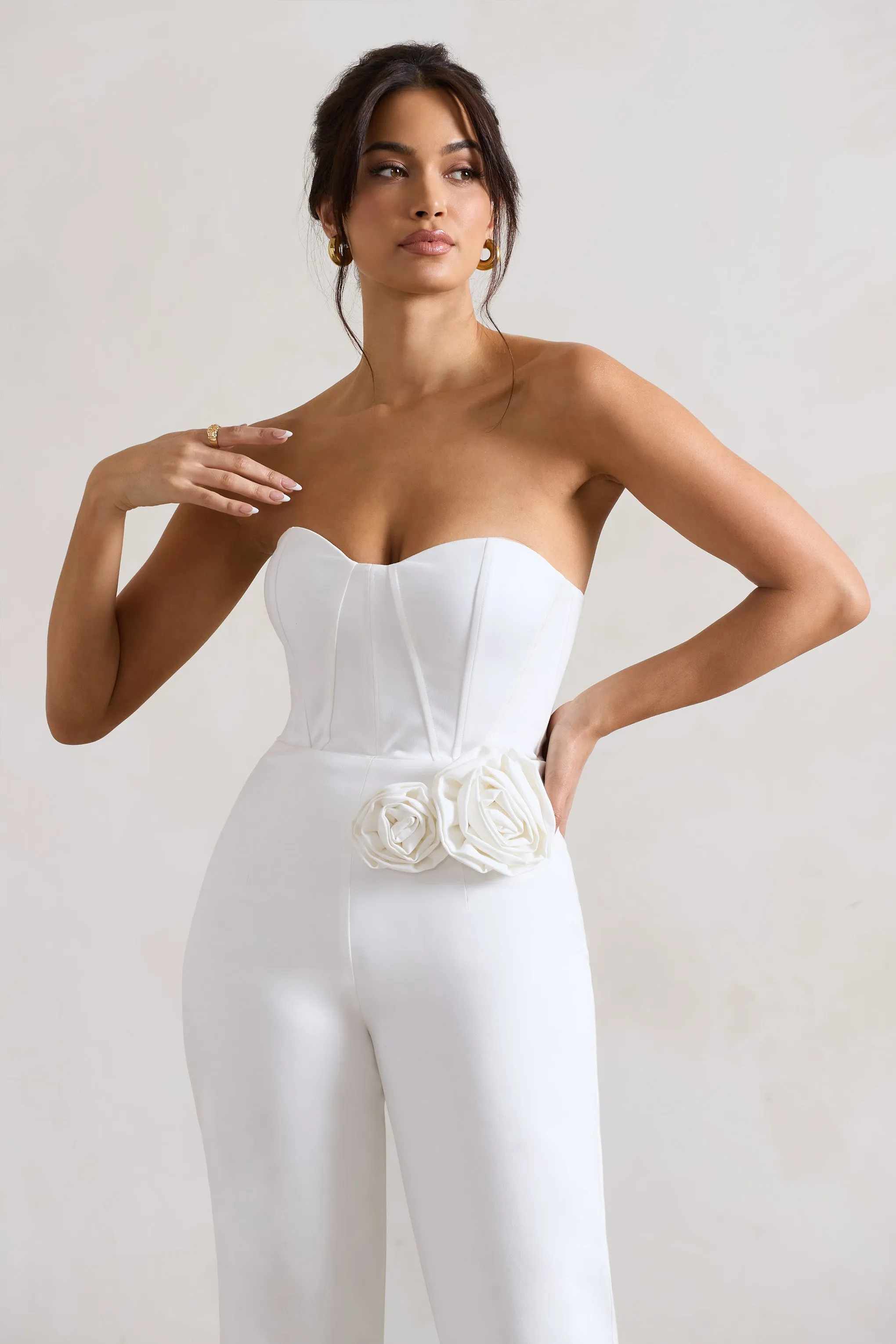 Sonia | White Sweetheart Corset Straight-Leg Jumpsuit With Flowers Club L London
