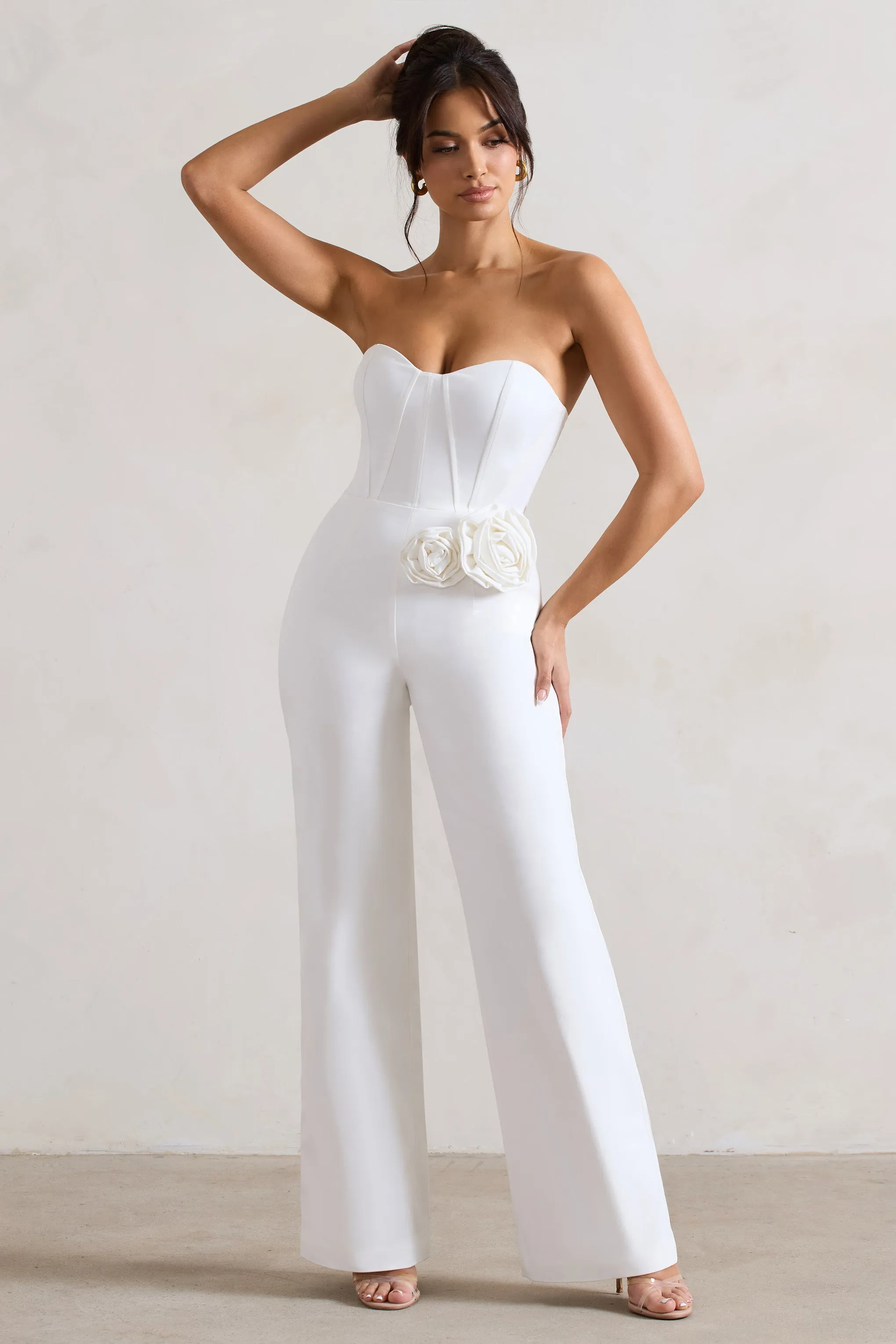 Sonia | White Sweetheart Corset Straight-Leg Jumpsuit With Flowers Club L London
