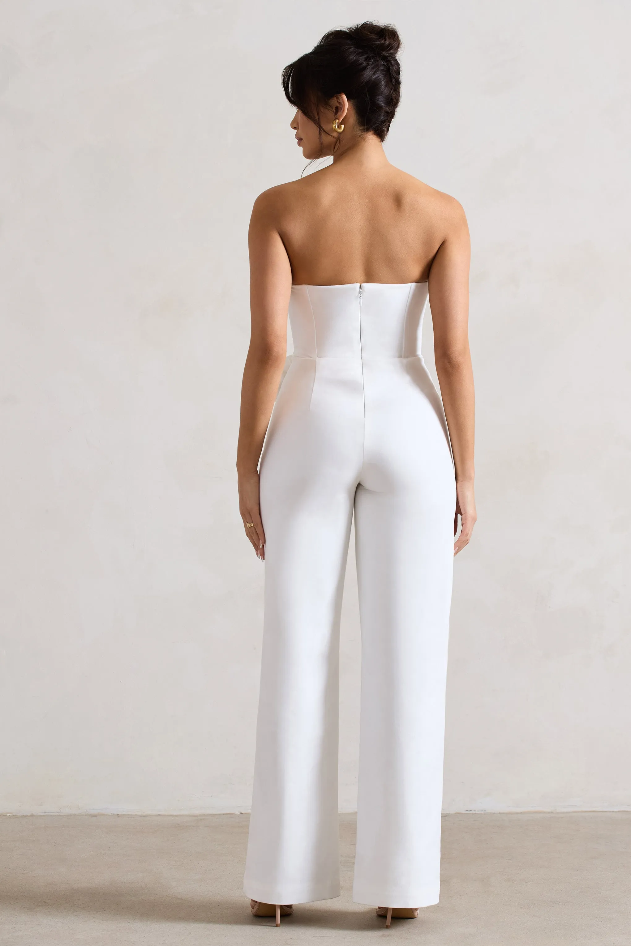 Sonia | White Sweetheart Corset Straight-Leg Jumpsuit With Flowers Club L London