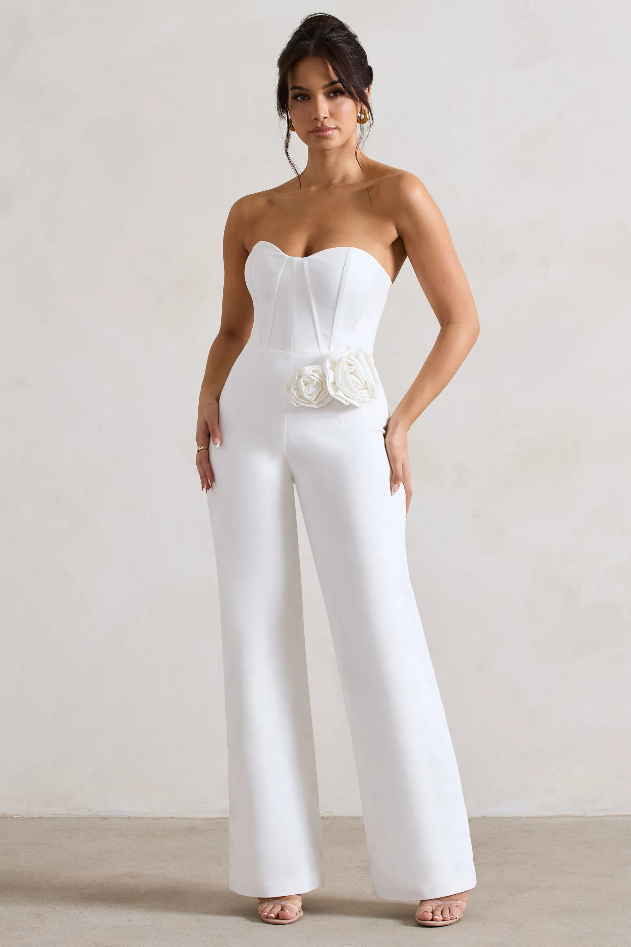 Sonia | White Sweetheart Corset Straight-Leg Jumpsuit With Flowers Club L London