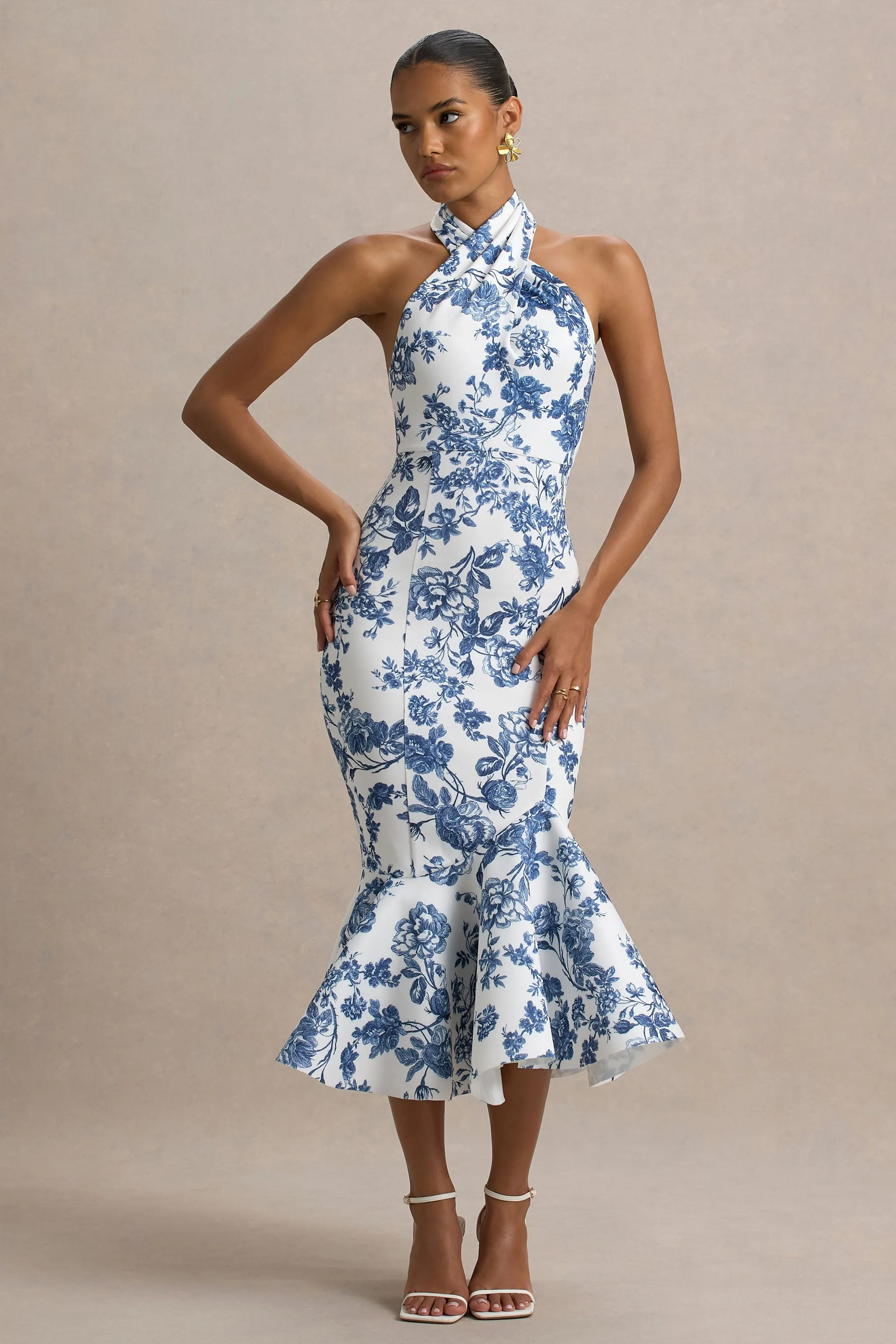 Sonoma | Blue Porcelain Print Halter-Neck Ruffle-Trim Midi Dress Club L London