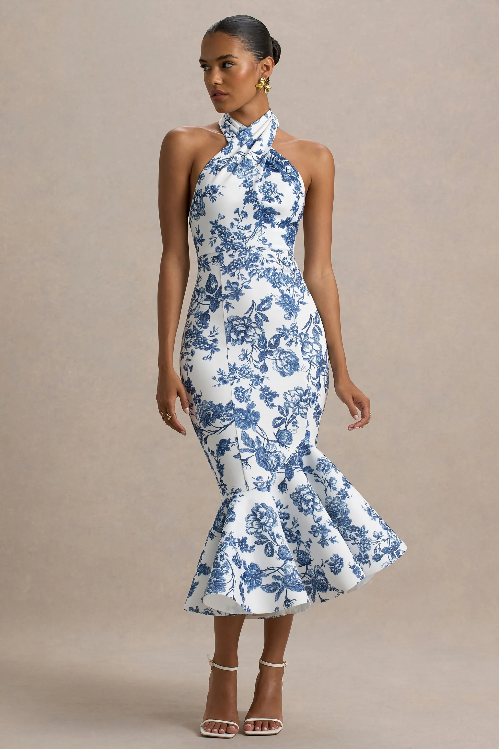 Sonoma | Blue Porcelain Print Halter-Neck Ruffle-Trim Midi Dress Club L London