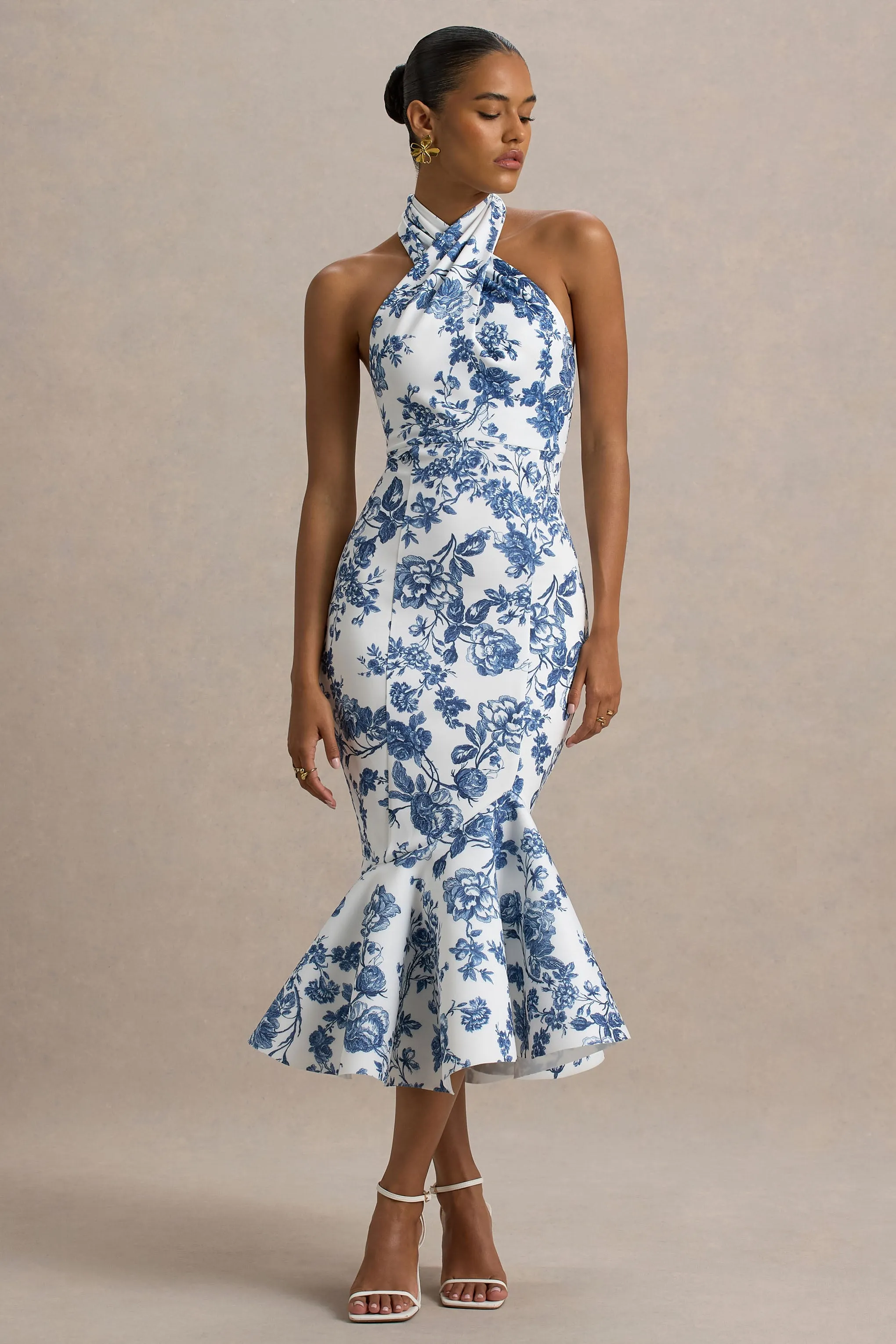 Sonoma | Blue Porcelain Print Halter-Neck Ruffle-Trim Midi Dress Club L London
