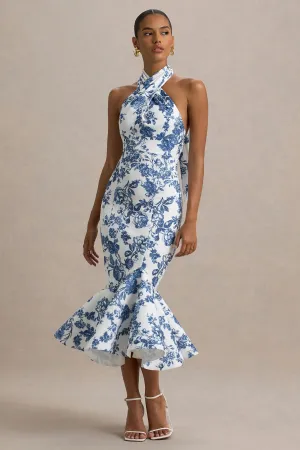 Sonoma | Blue Porcelain Print Halter-Neck Ruffle-Trim Midi Dress Club L London