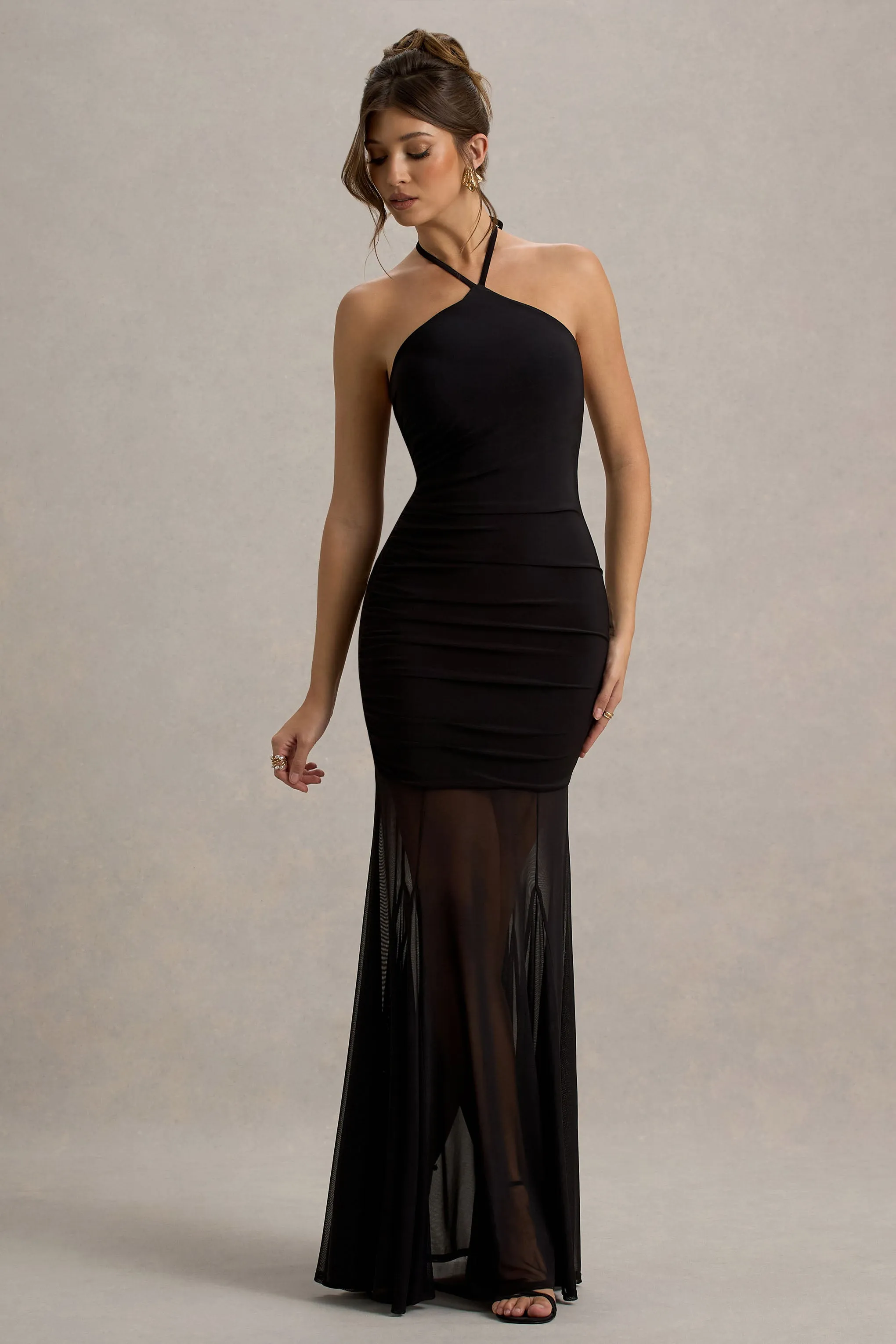 Sonya | Black Halter-Neck Maxi Dress With Mesh Skirt Club L London
