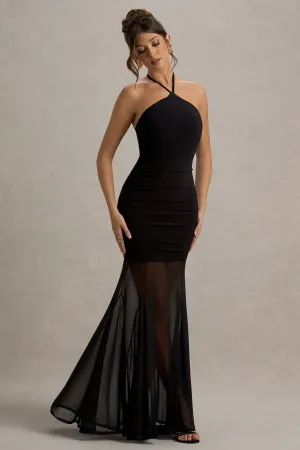 Sonya | Black Halter-Neck Maxi Dress With Mesh Skirt Club L London