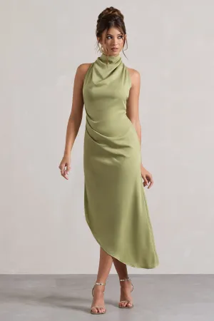Sophina | Light Olive Satin Cowl-Neck Asymmetric Midi Dress Club L London