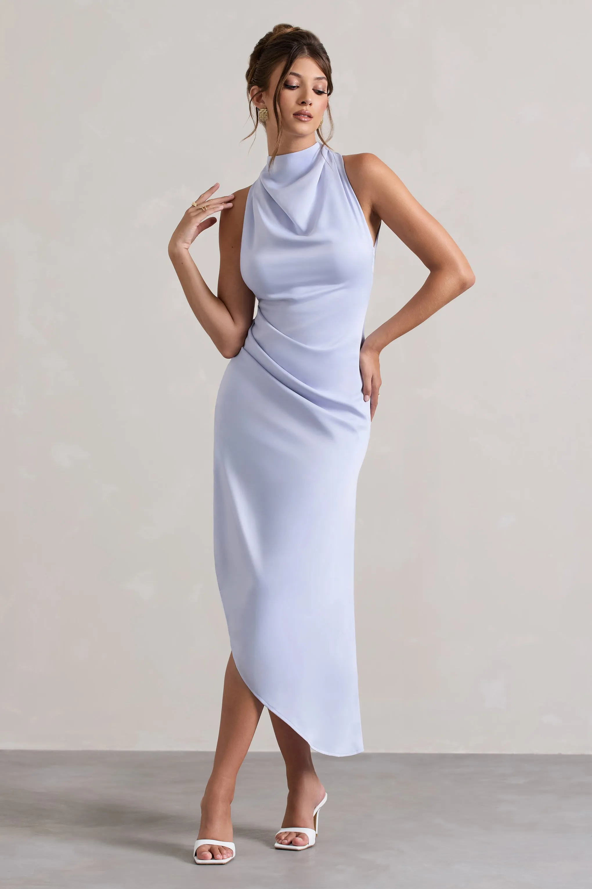 Sophina | Sky Blue Satin Cowl-Neck Asymmetric Midi Dress Club L London