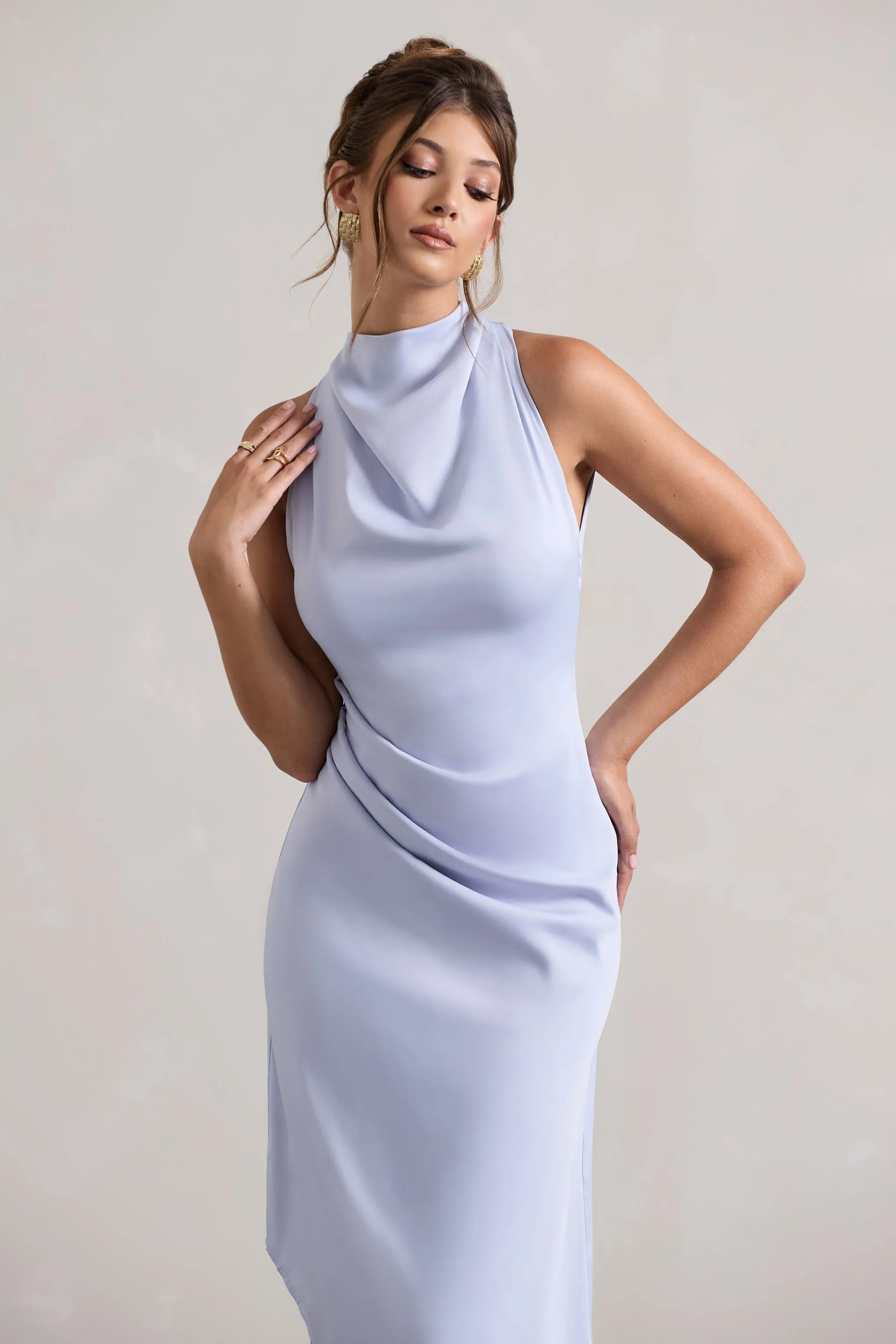 Sophina | Sky Blue Satin Cowl-Neck Asymmetric Midi Dress Club L London