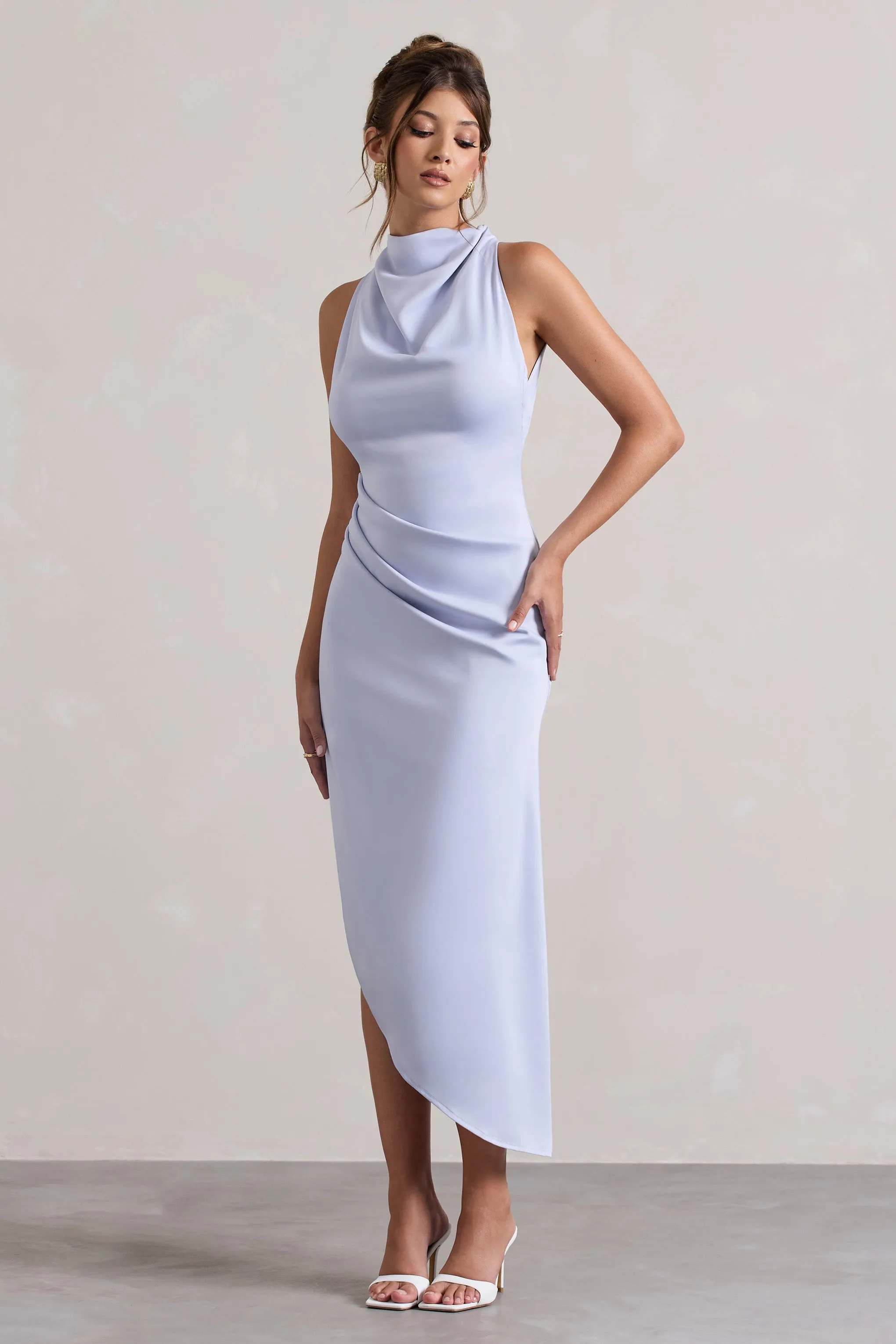 Sophina | Sky Blue Satin Cowl-Neck Asymmetric Midi Dress Club L London