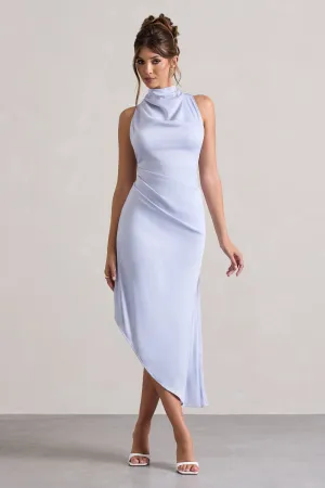 Sophina | Sky Blue Satin Cowl-Neck Asymmetric Midi Dress Club L London
