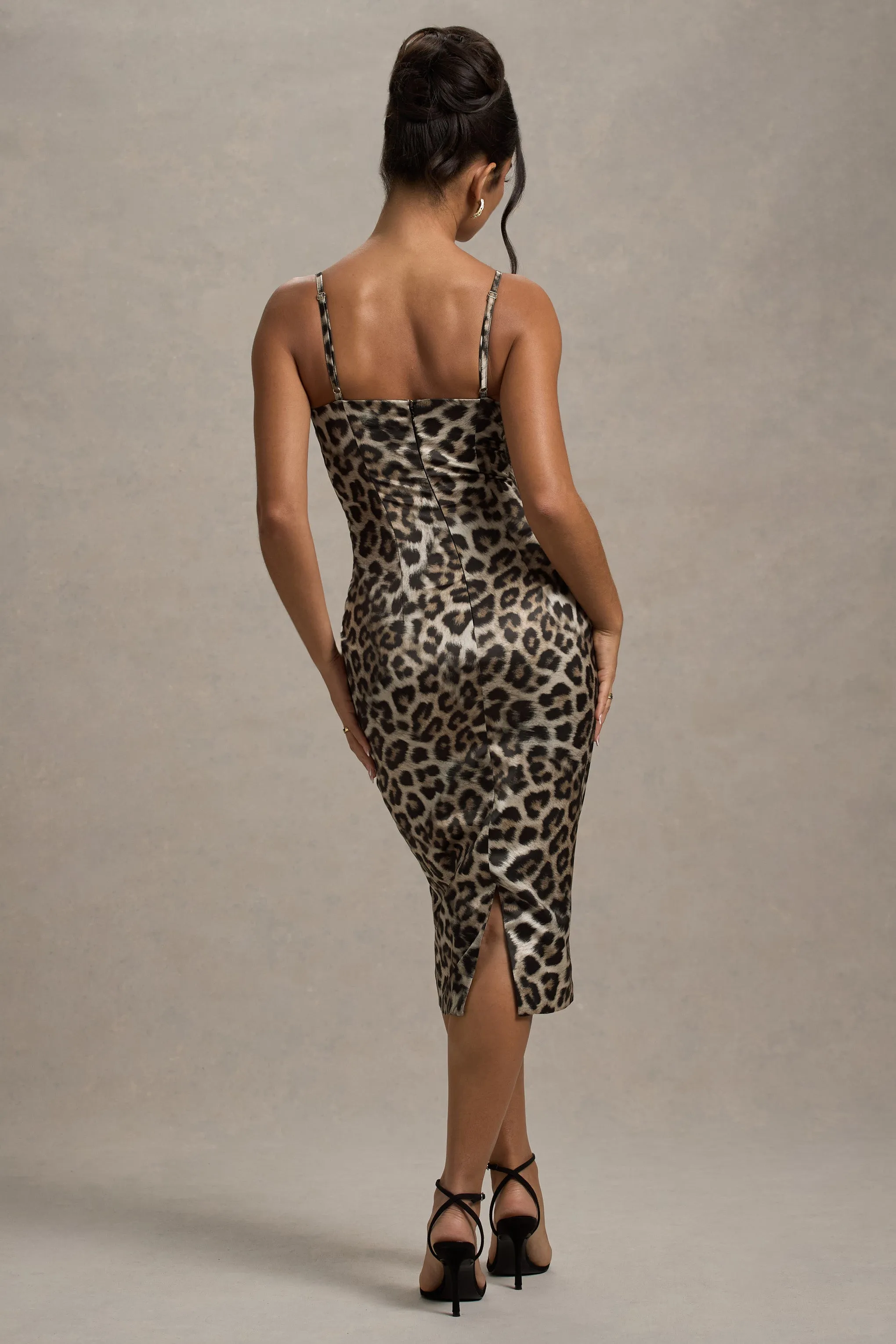 Soprano | Leopard Print Satin Sweetheart Lace Trim Midi Dress Club L London