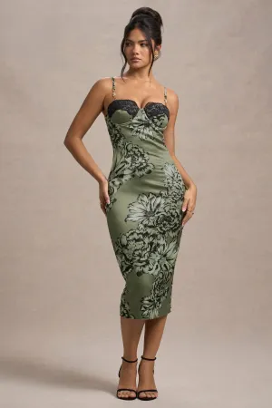 Soprano | Olive Floral Print Satin Sweetheart Lace Trim Midi Dress Club L London