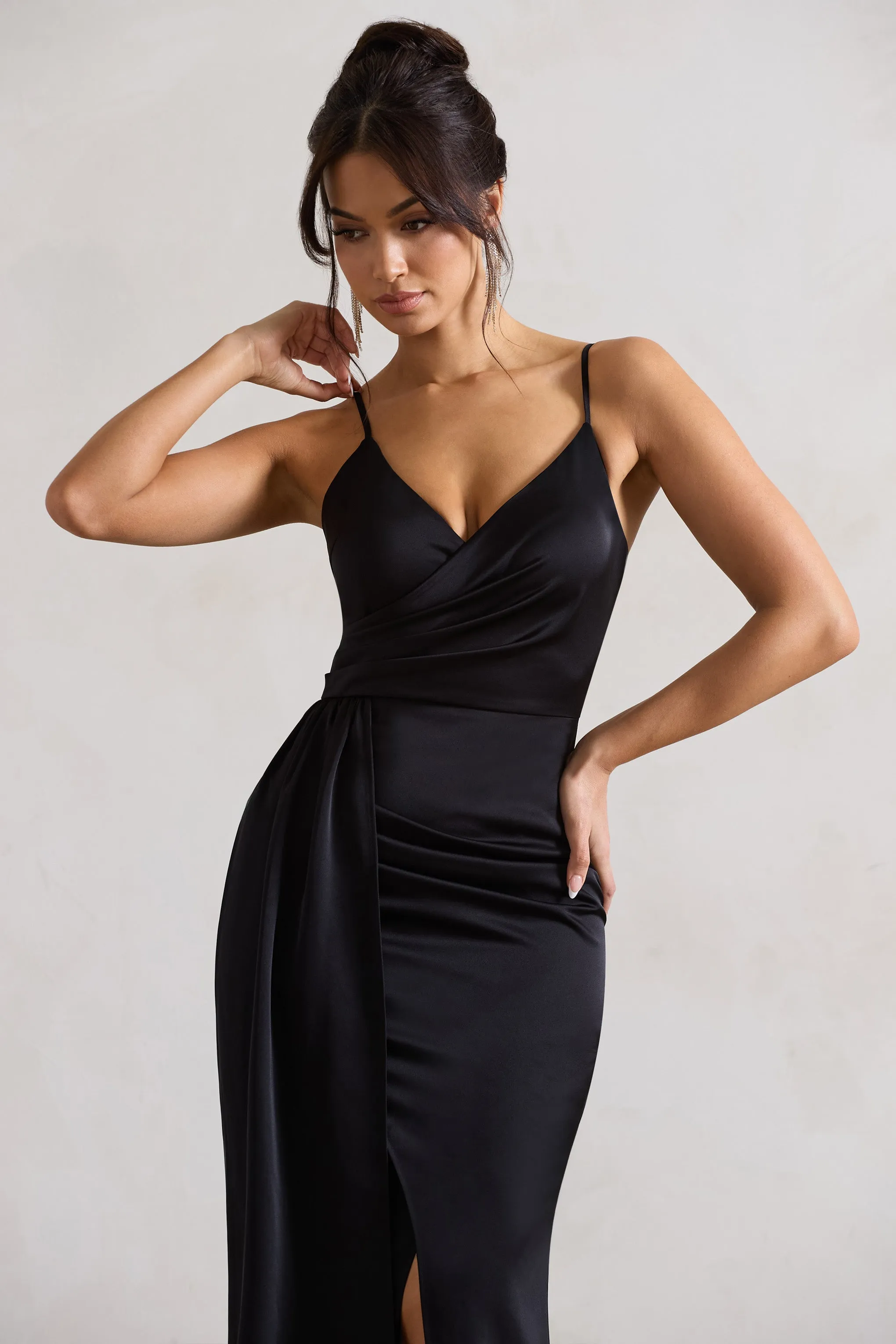 Soraya | Black Satin V-Neck Split Maxi Dress With Drape Club L London