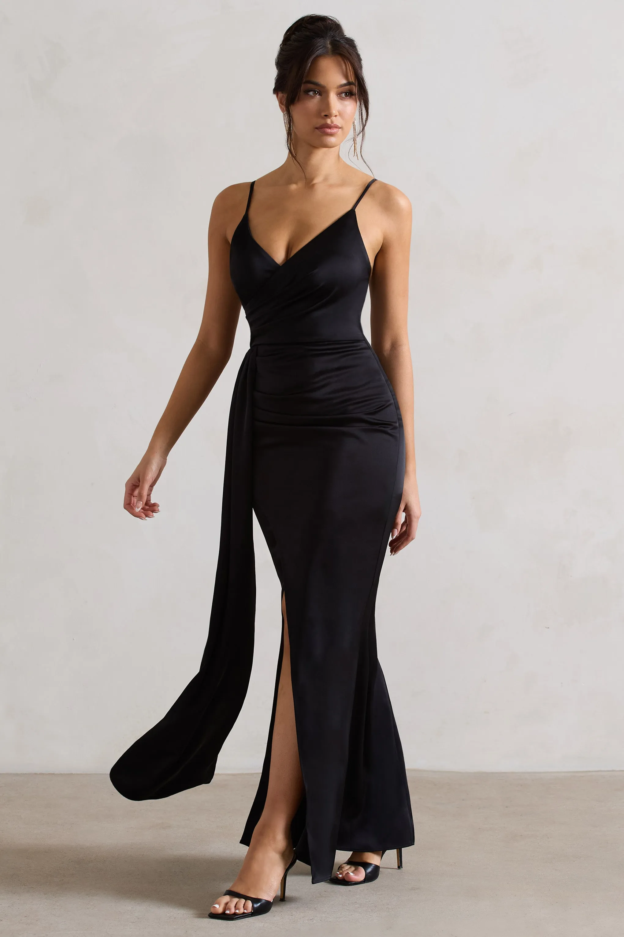 Soraya | Black Satin V-Neck Split Maxi Dress With Drape Club L London