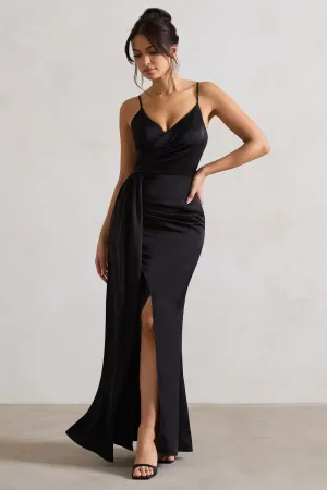 Soraya | Black Satin V-Neck Split Maxi Dress With Drape Club L London