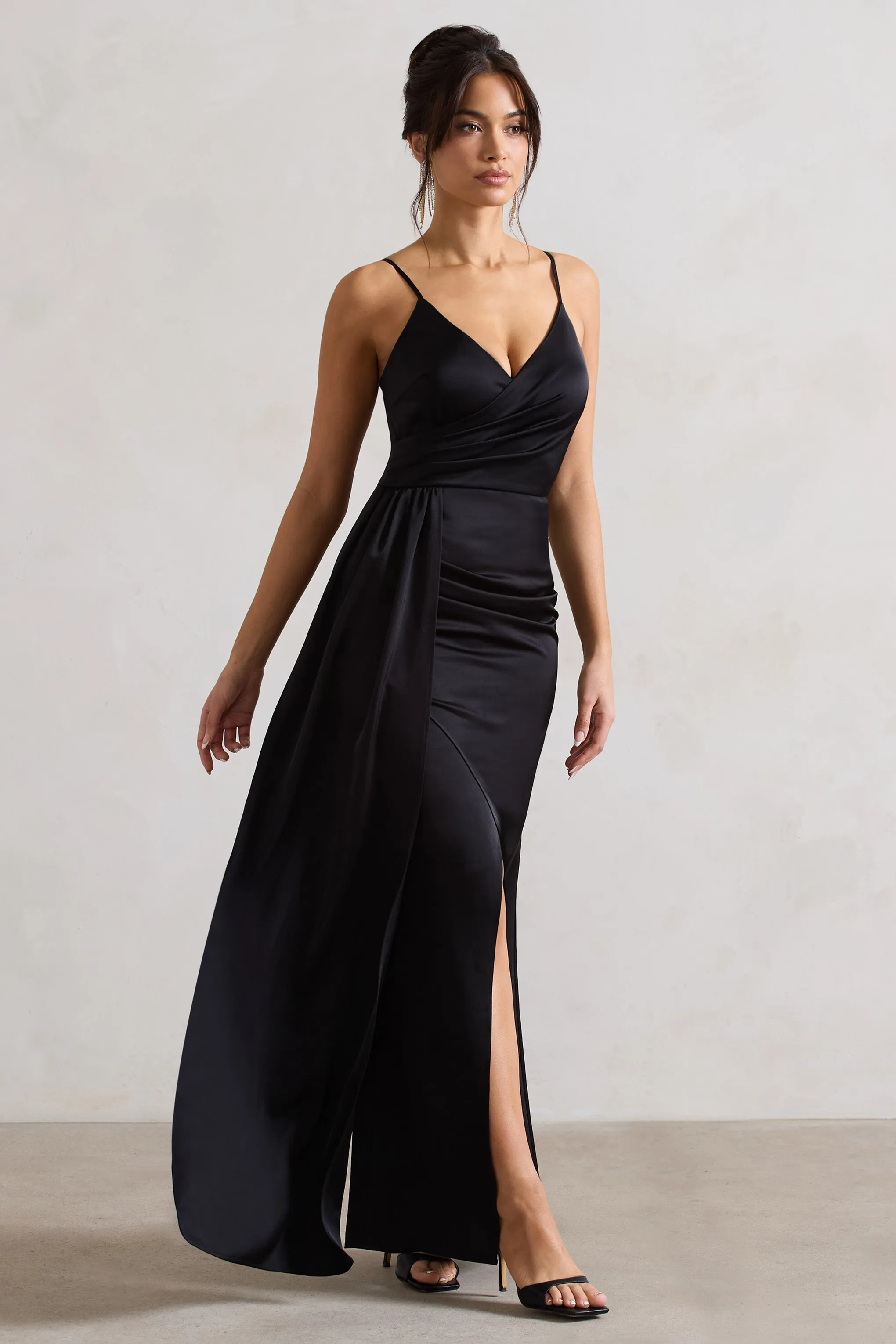 Soraya | Black Satin V-Neck Split Maxi Dress With Drape Club L London