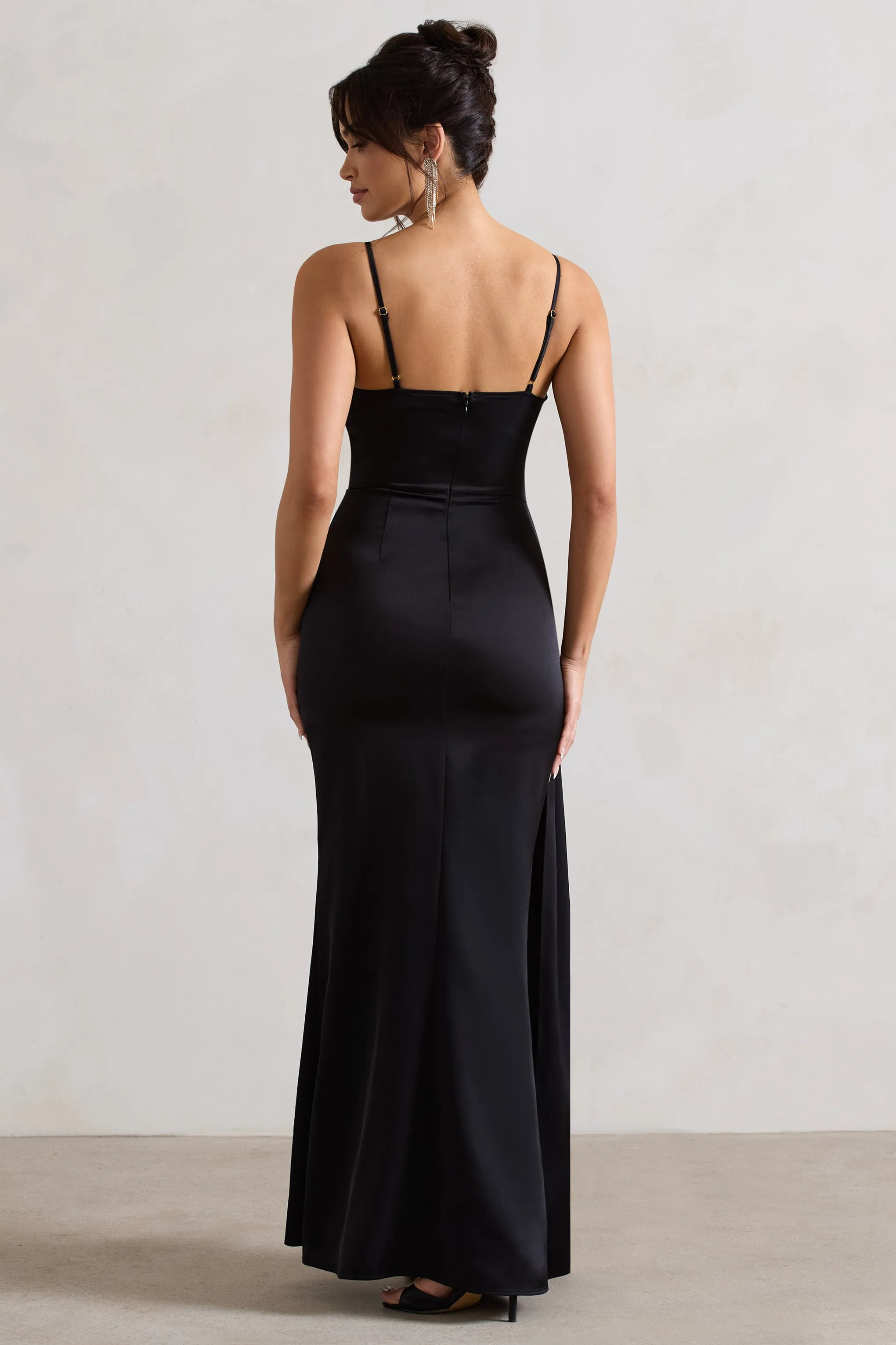 Soraya | Black Satin V-Neck Split Maxi Dress With Drape Club L London