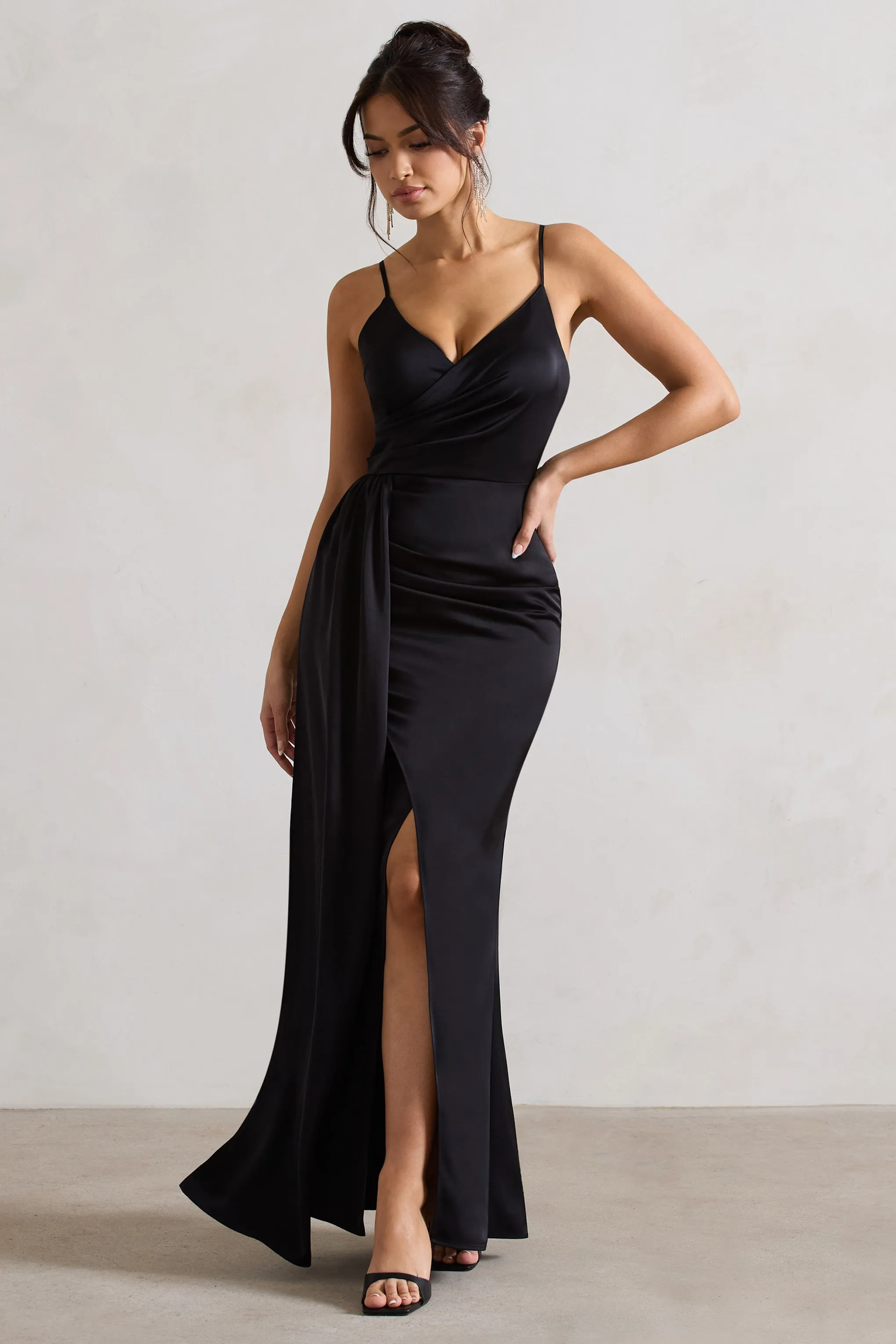 Soraya | Black Satin V-Neck Split Maxi Dress With Drape Club L London