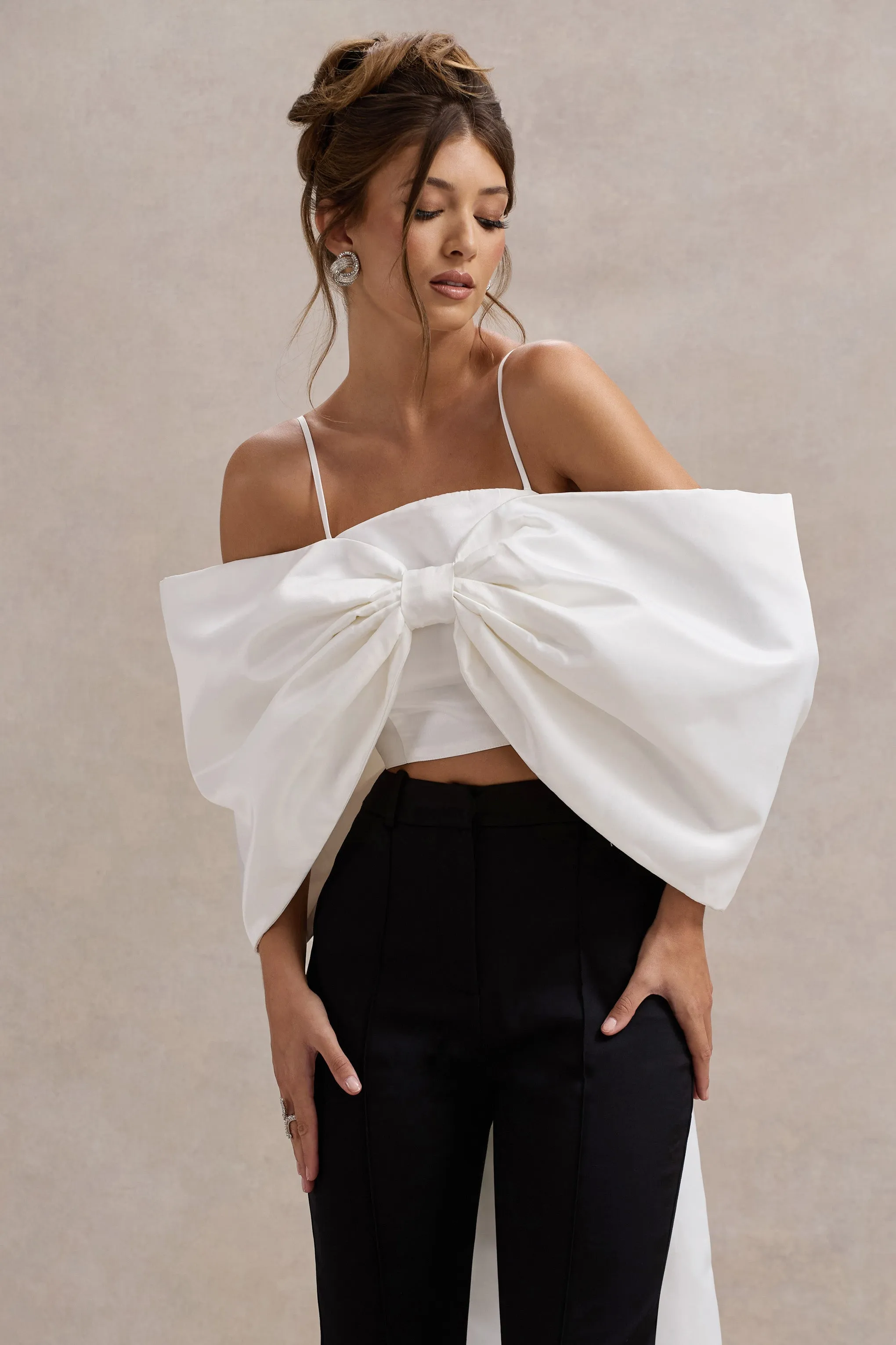 Souvenir | White Satin Top With Oversized Bow Club L London
