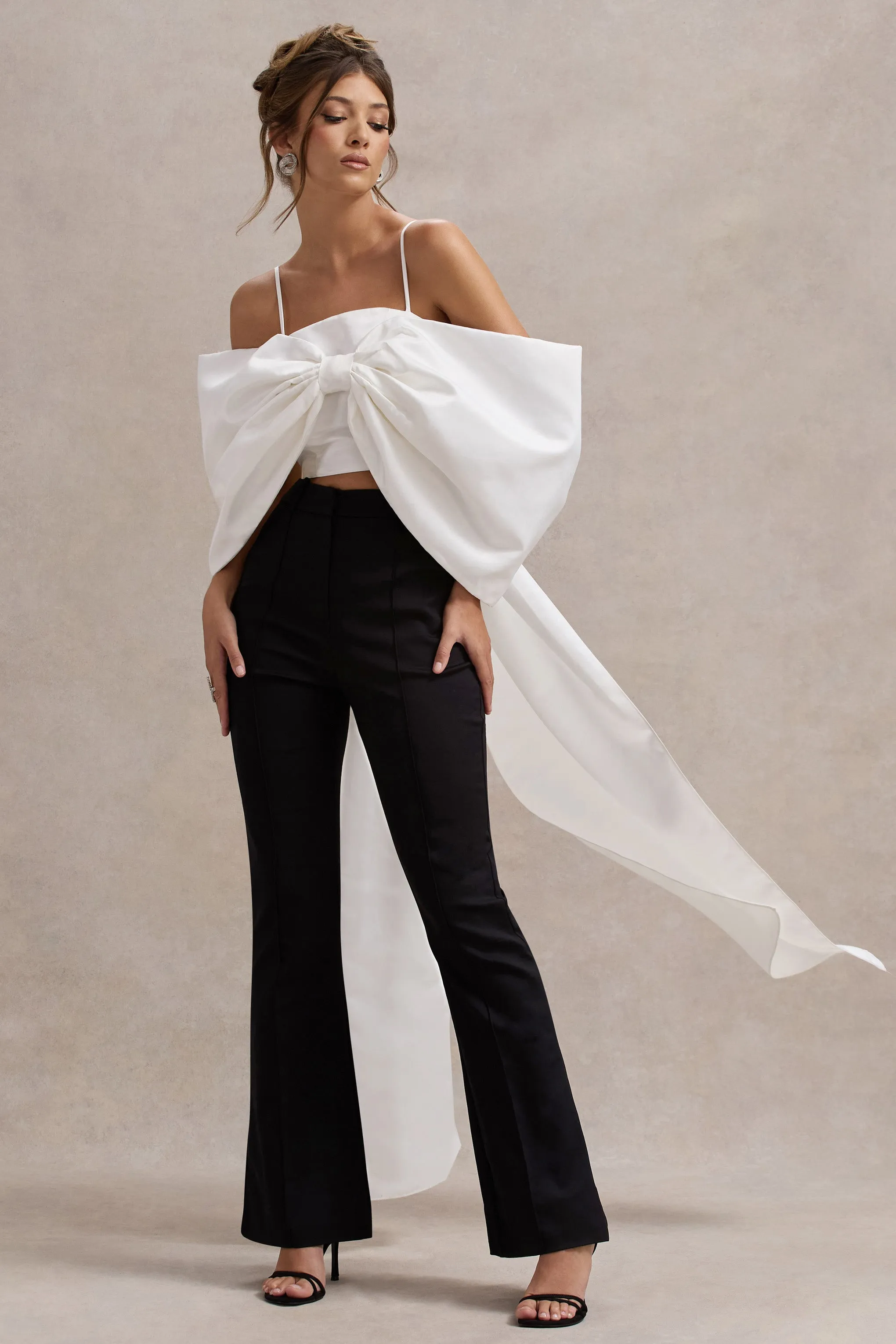 Souvenir | White Satin Top With Oversized Bow Club L London