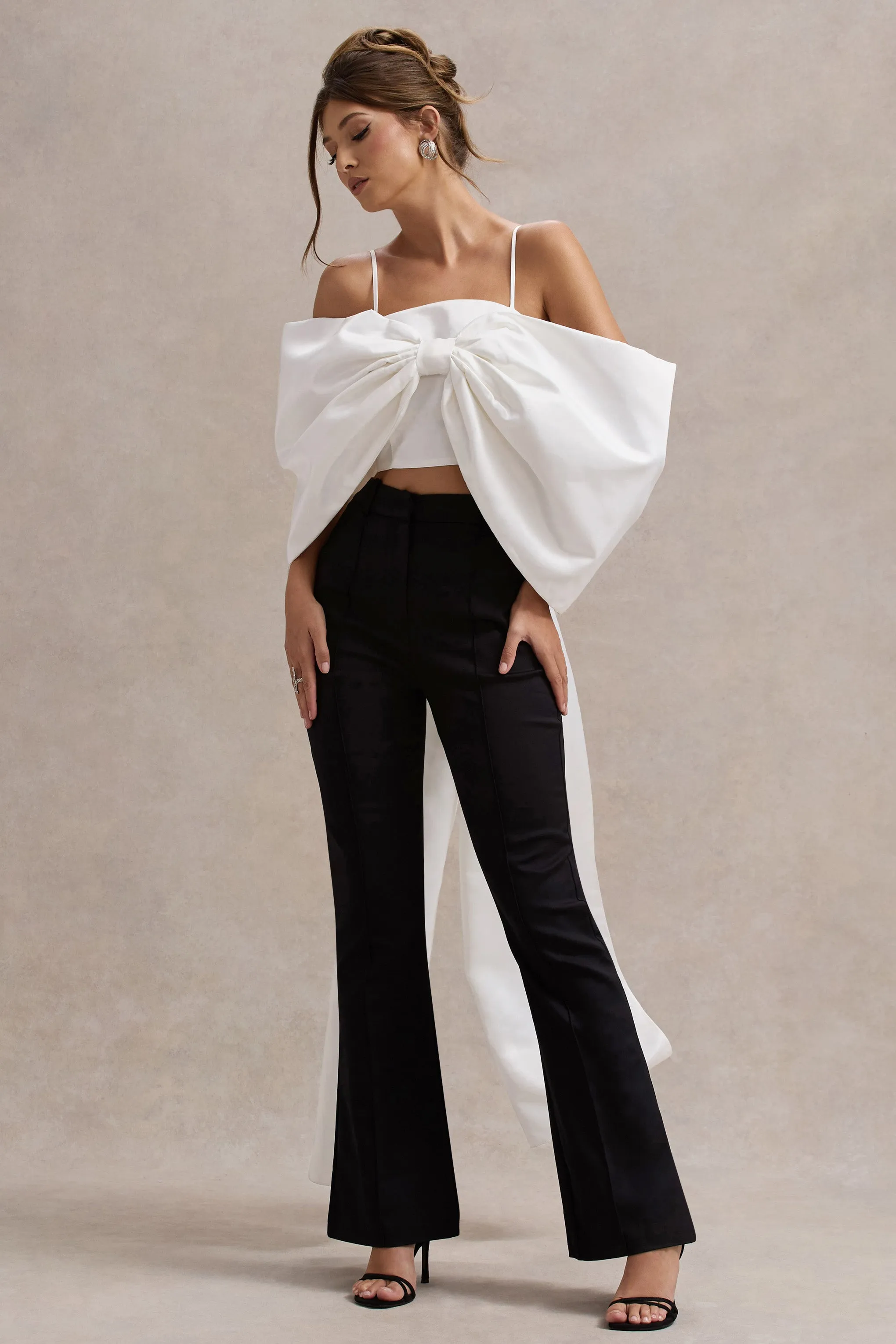 Souvenir | White Satin Top With Oversized Bow Club L London