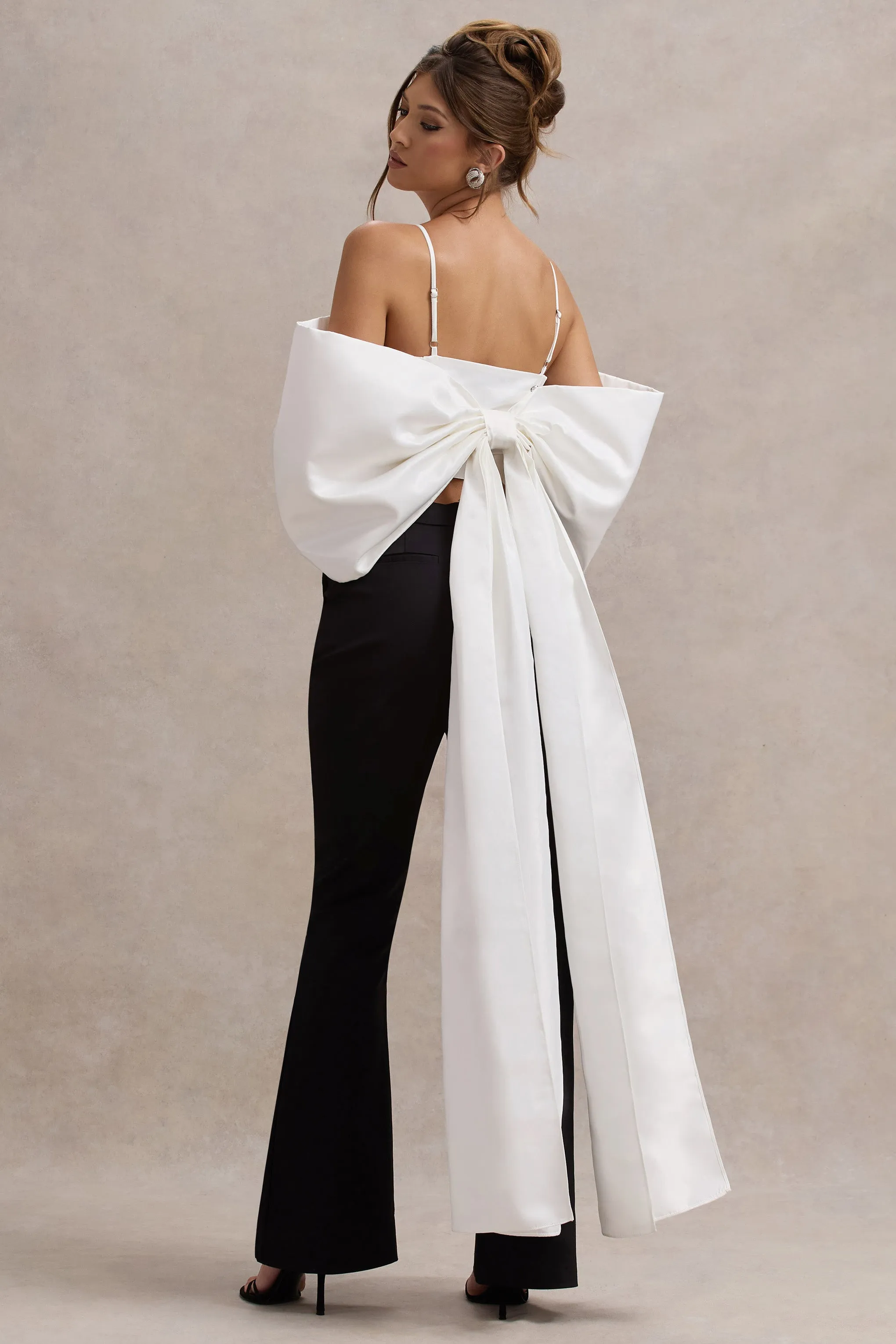Souvenir | White Satin Top With Oversized Bow Club L London