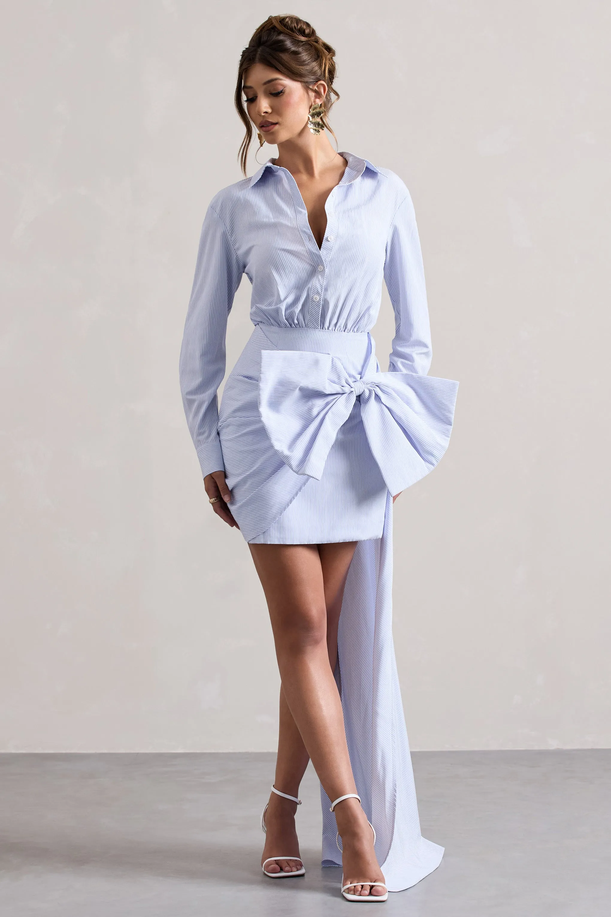 Sovereign | Blue Pinstripe Shirt Mini Dress With Oversized Bow Club L London