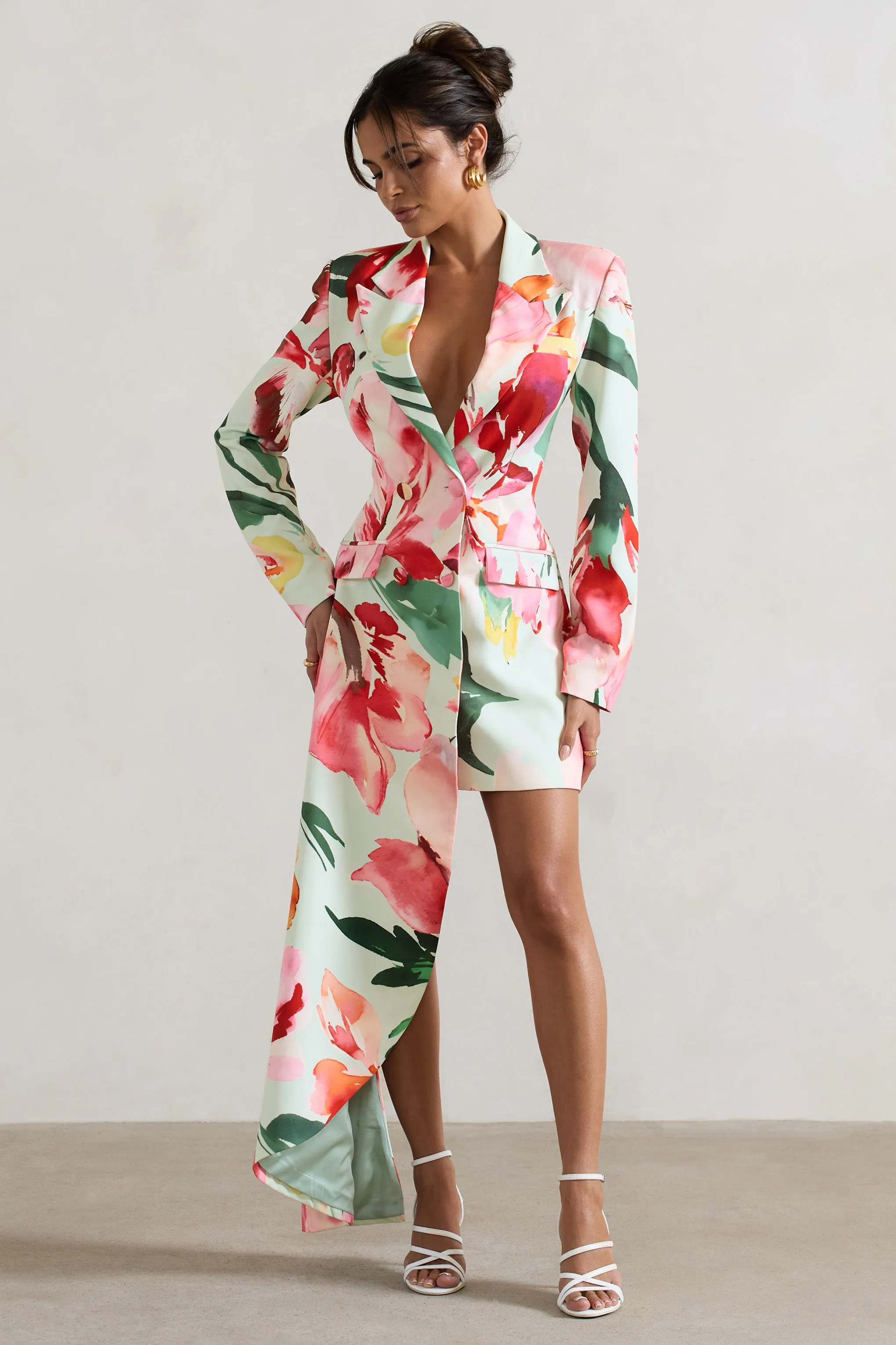 Spiral | Mint Floral Tailored Blazer Mini Dress With Asymmetric Hem Club L London