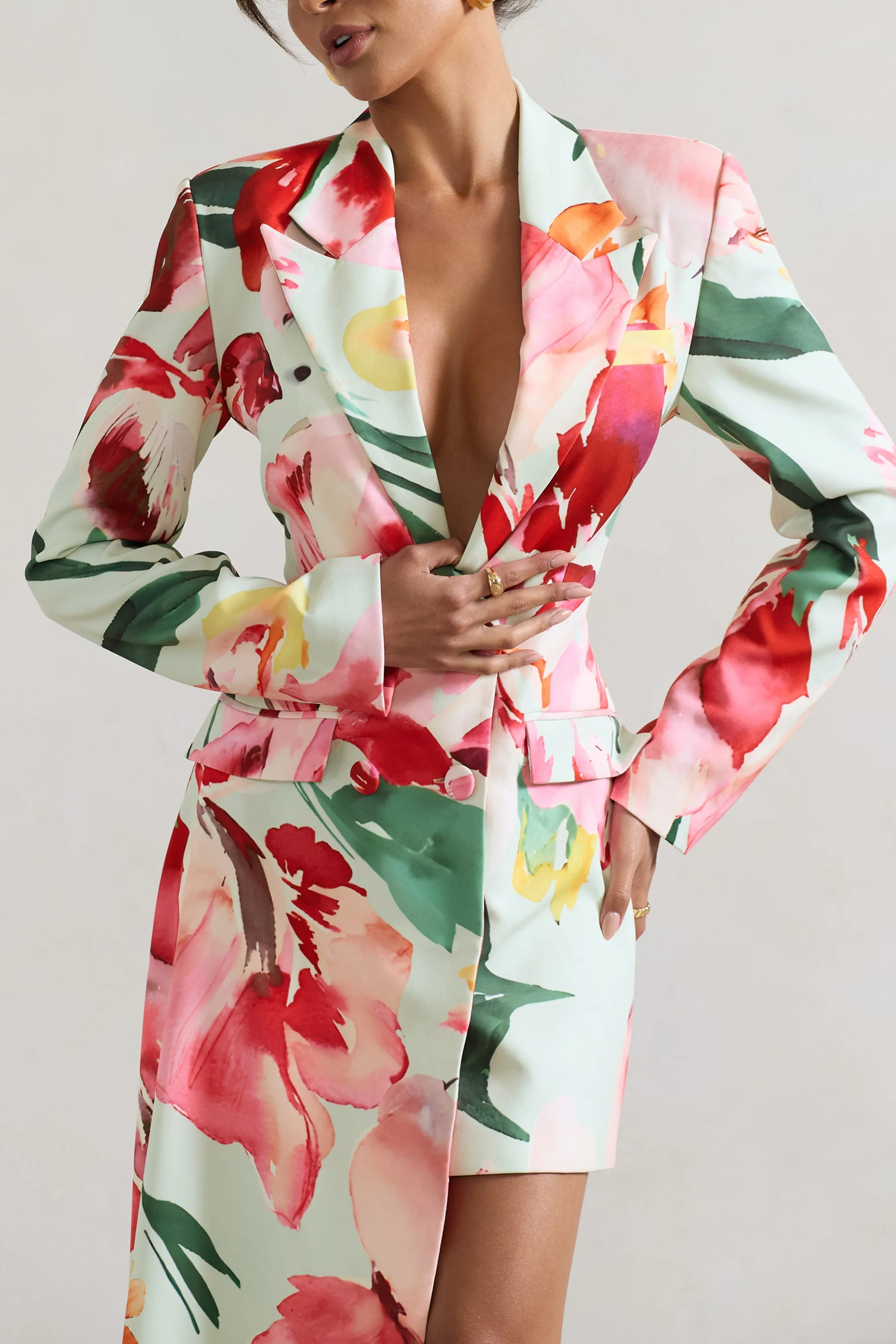Spiral | Mint Floral Tailored Blazer Mini Dress With Asymmetric Hem Club L London