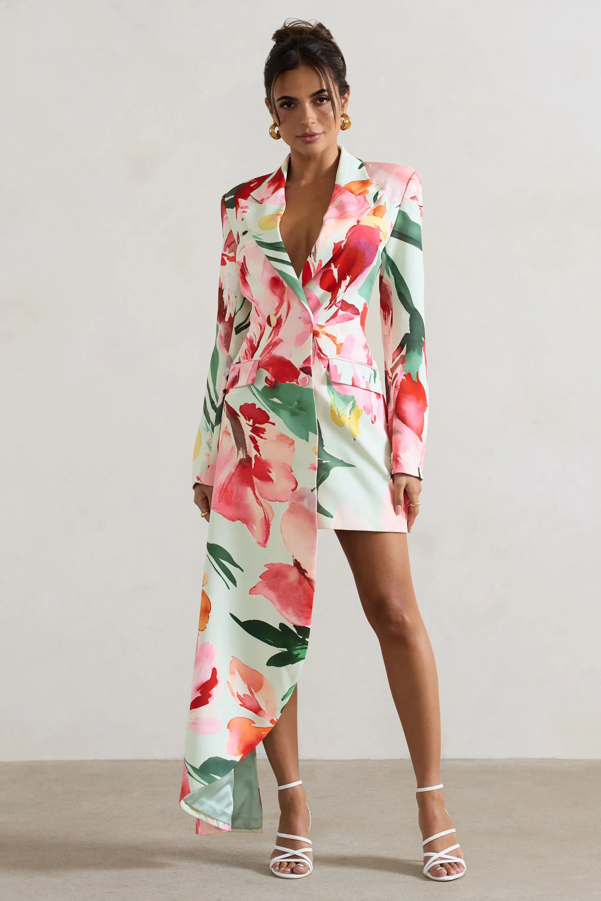 Spiral | Mint Floral Tailored Blazer Mini Dress With Asymmetric Hem Club L London
