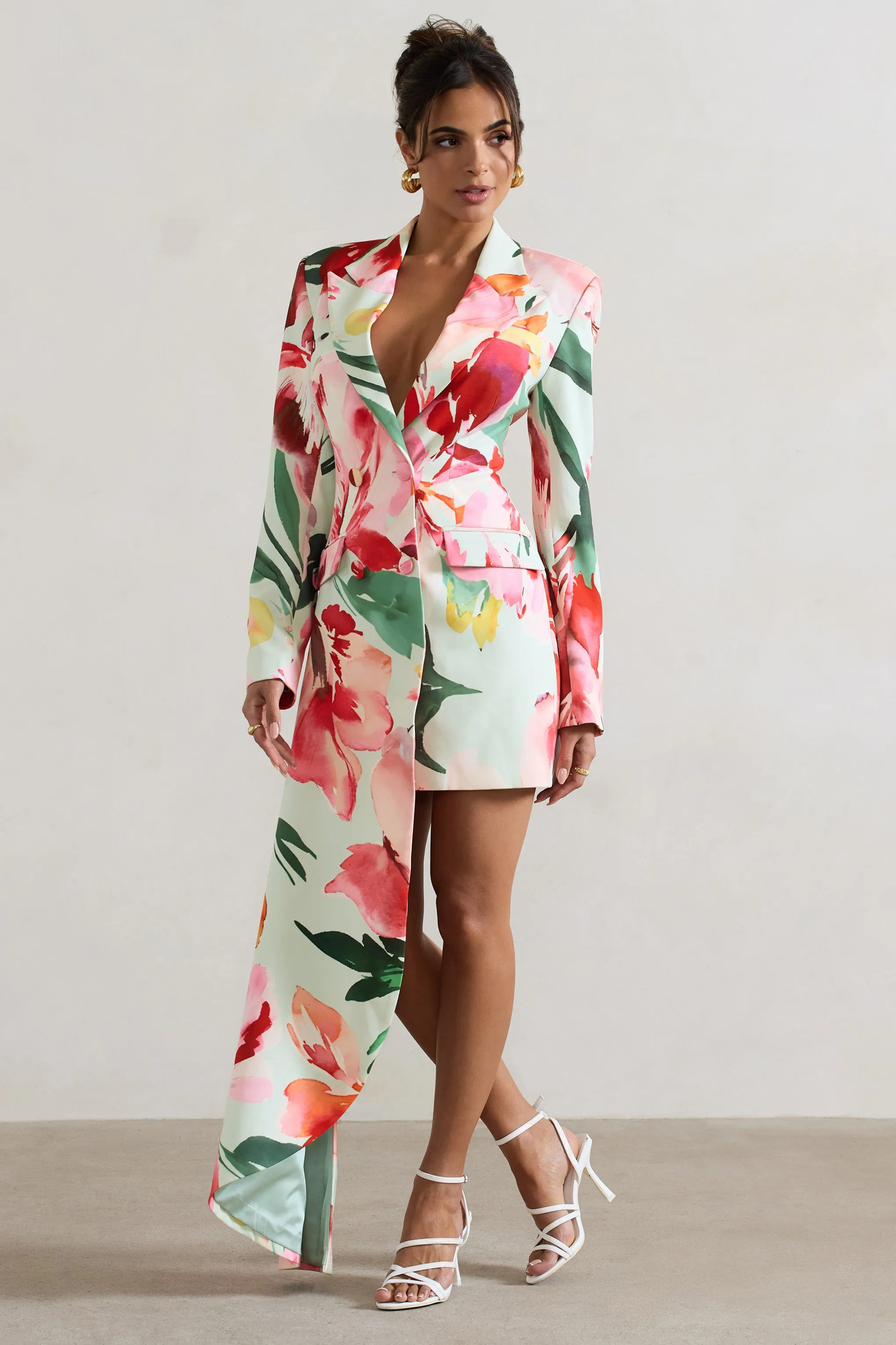 Spiral | Mint Floral Tailored Blazer Mini Dress With Asymmetric Hem Club L London