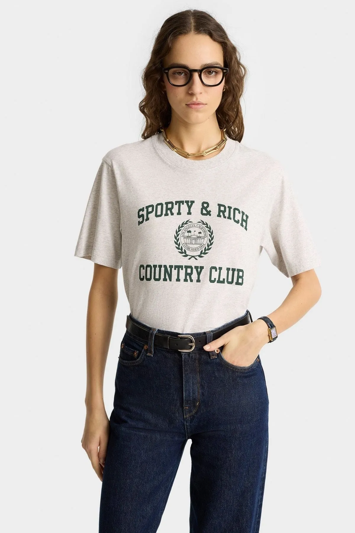 Sporty & Rich Varsity Crest T-Shirt - Heather Grey SPORTY & RICH