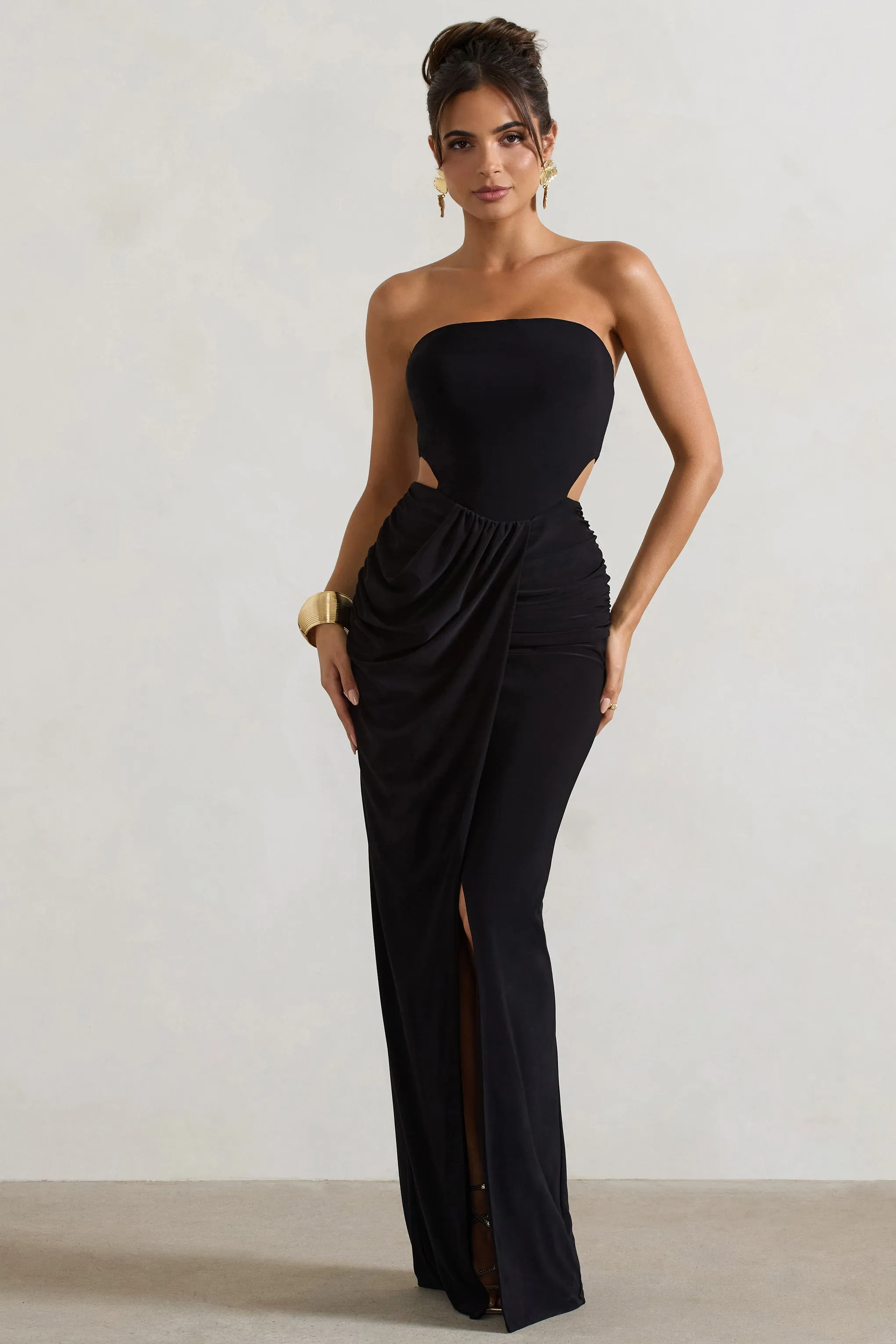 St Barts | Black Strapless Cut-Out Maxi Dress With Twist Skirt Club L London