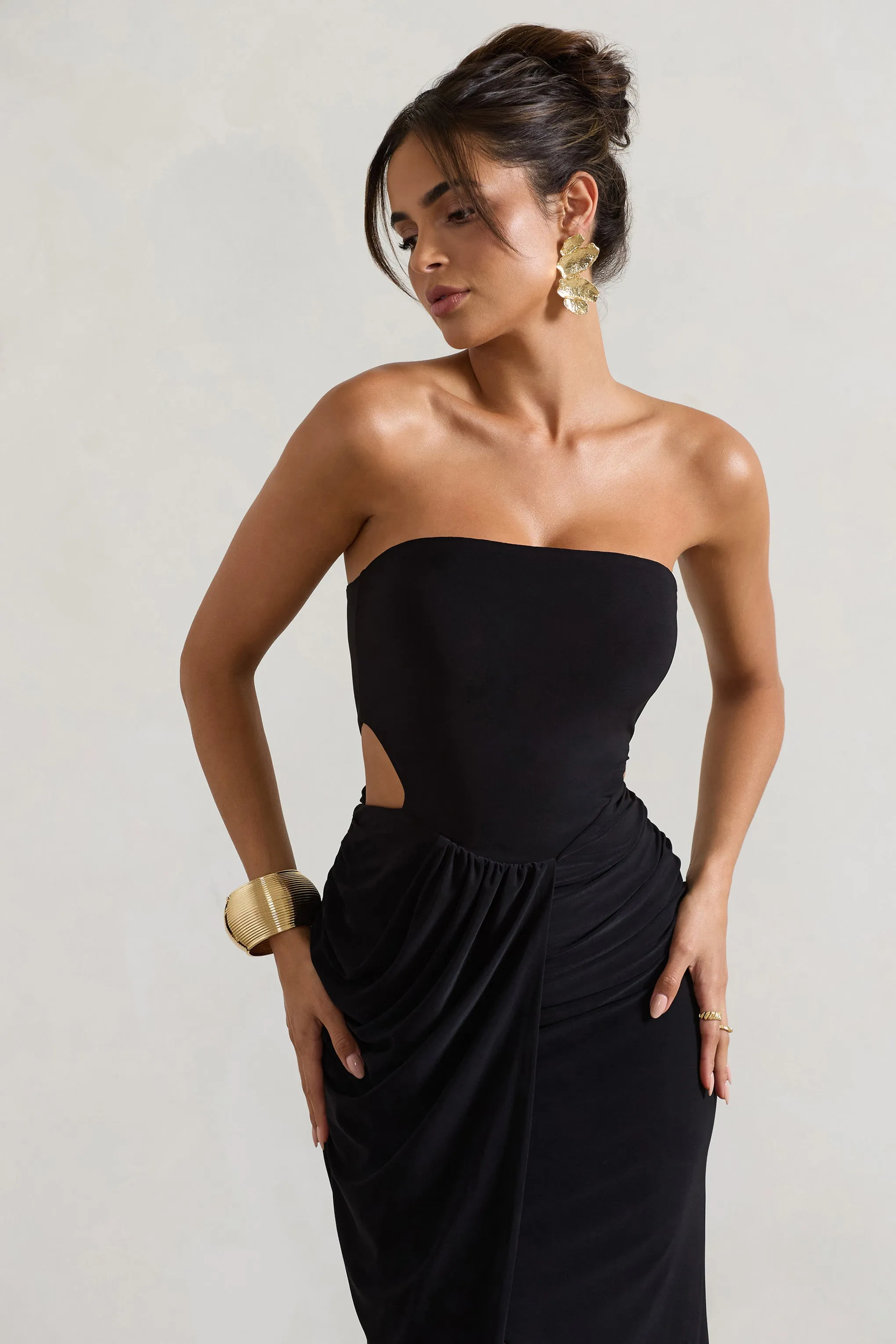 St Barts | Black Strapless Cut-Out Maxi Dress With Twist Skirt Club L London