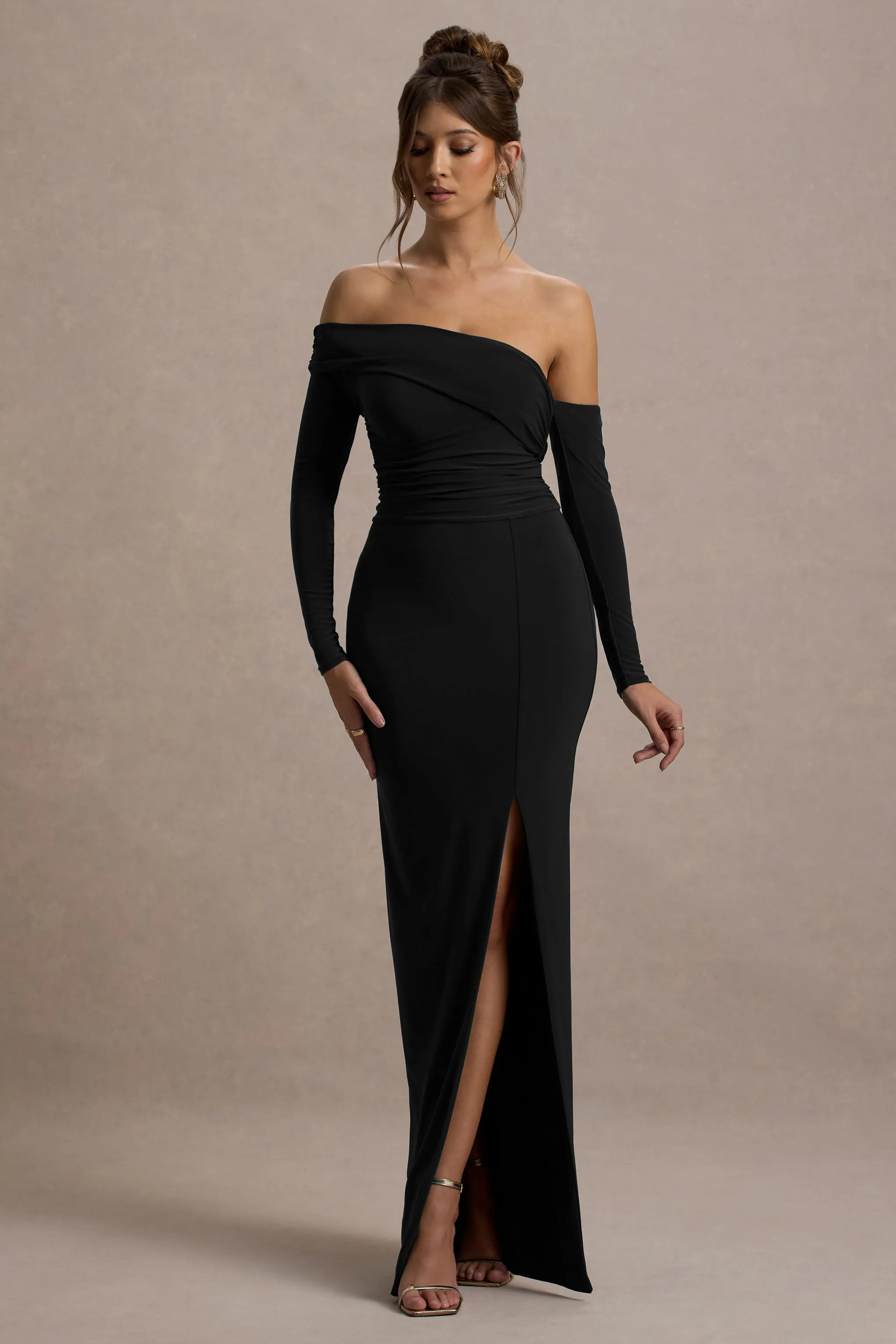 Stand Out | Black Bardot Long Sleeve Ruched Maxi With Side Split Club L London