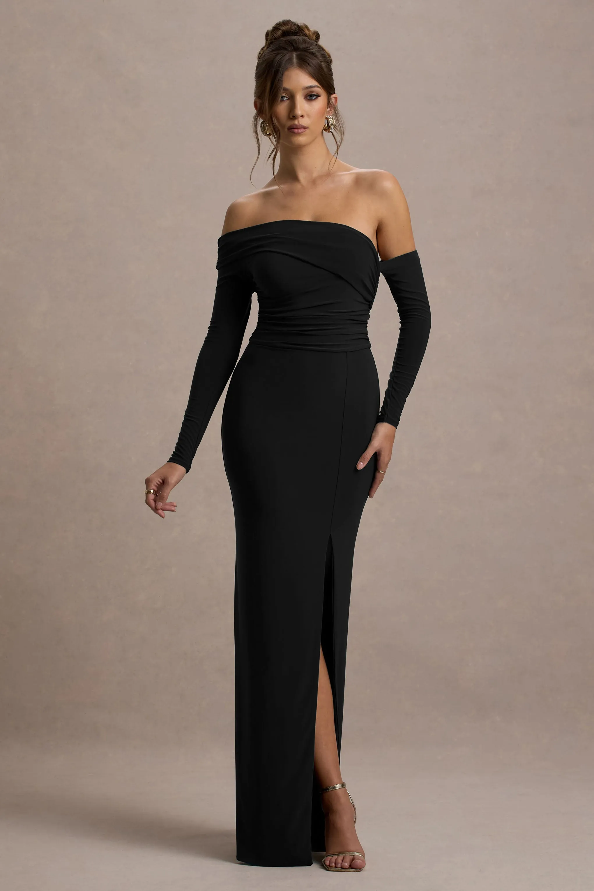 Stand Out | Black Bardot Long Sleeve Ruched Maxi With Side Split Club L London